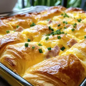 - 6 large croissants, preferably day-old - 1 cup diced ham - 1 cup shredded cheddar cheese - 1/2 cup shredded mozzarella cheese - 4 large eggs - 1 cup milk - 1/4 teaspoon garlic powder - 1/4 teaspoon onion powder - Salt and pepper to taste - Fresh chives or parsley for garnish (optional)