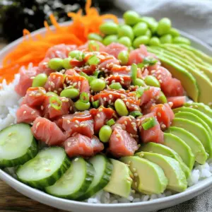 - Sushi rice - Sushi-grade tuna - Mayonnaise and sriracha The base of our poke bowl is sushi rice. You need short-grain rice for this dish. It holds together well and gives a nice sticky texture. For the protein, we use sushi-grade tuna. This fish is fresh and safe to eat raw. The creamy sauce brings it all together. Mix mayonnaise with sriracha for a spicy kick. This combination adds flavor and richness. - Avocado and cucumber - Edamame, carrots, and pickled ginger - Sesame seeds and green onions Toppings make your poke bowl exciting. Slice some avocado for creaminess. Cucumber adds crunch and freshness. Edamame brings protein, while shredded carrots add color. Pickled ginger offers a zesty contrast. Finish with sesame seeds for nuttiness and sliced green onions for a fresh taste. - Rice vinegar, sugar, and salt - Sesame oil and nori sheets Rice vinegar, sugar, and salt help season your sushi rice. This mix enhances the flavor and balances the dish. Sesame oil adds a toasty aroma. Nori sheets can be cut into strips for extra crunch. They complement the flavors of the bowl nicely. Using fresh, quality ingredients ensures your spicy tuna poke bowl is flavorful and fresh. To see how to combine all these elements into a delicious dish, check out the Full Recipe. To start, rinse the sushi rice under cold water. Keep rinsing until the water runs clear. This step removes excess starch. Next, combine the rinsed rice and water in a medium saucepan. Bring it to a boil over high heat. Once boiling, reduce the heat to low. Cover the pot and let it simmer for 15 minutes. After that, remove it from the heat and let it sit, covered, for another 10 minutes. Now, let’s season the rice. In a small bowl, mix rice vinegar, sugar, and salt. Stir until everything dissolves. Uncover the rice and gently fold this mixture into the warm rice. This adds flavor and a slight tang. Allow the rice to cool to room temperature before using it in your bowl. For the tuna mixture, take your sushi-grade tuna and cut it into small cubes. In a separate bowl, combine the diced tuna with mayonnaise, sriracha, and sesame oil. Gently mix until the tuna is well coated. If you love spice, taste and adjust the sriracha to your liking. This is your chance to make it as spicy as you prefer! Now, let’s build your poke bowl. Start by dividing the cooled sushi rice among your bowls. This rice will be the base. Next, add the spicy tuna mixture on top of the rice. It should sit nicely in the center. Now, it’s time for toppings! Arrange the avocado, cucumber, edamame, shredded carrots, and pickled ginger around the tuna. This not only looks great but adds extra flavors. To finish, sprinkle sesame seeds and sliced green onions on top. If you like, add a small serving of seaweed salad on the side. For a fun crunch, include some nori strips if you wish. Enjoy your vibrant, fresh meal! For complete details on ingredients, check the Full Recipe. When making a spicy tuna poke bowl, always choose sushi-grade fish. This ensures your tuna is fresh and safe to eat raw. Look for bright red color and a clean smell. Many grocery stores offer sushi-grade tuna in their seafood section. If you can't find it, ask the fishmonger for help. For a different twist, consider alternative protein options. Salmon, shrimp, or even tofu work great. They add unique flavors while keeping the dish light and tasty. To make fluffy sushi rice, start by rinsing it well. Rinse the rice under cold water until the water runs clear. This removes excess starch. Next, boil the rice with the right water ratio. For sushi rice, use a 1:1.25 ratio of rice to water. Bring it to a boil, then cover and simmer on low for 15 minutes. Let the rice sit, covered, for 10 minutes. This step helps it steam. Once done, mix in rice vinegar, sugar, and salt. Gently fold the seasoning into the rice. Allow it to cool before using it in your poke bowl. A beautiful poke bowl is all about layering. Start with a base of rice. Next, add your spicy tuna in the center. Arrange avocado, cucumber, and edamame around the tuna. This gives a colorful look and makes the bowl inviting. For extra visual appeal, use garnishes like sesame seeds and sliced green onions. A small serving of seaweed salad on the side adds a nice touch. Don't forget nori strips for crunch. These small details make each bite special. {{image_2}} You can switch up the protein in your poke bowl. Salmon is a great choice. It offers rich flavor and healthy fats. Shrimp is another tasty option. Cooked shrimp adds a nice twist. If you prefer a plant-based option, tofu is ideal. Tofu absorbs flavors well, making it a great choice for marinades. Just cut it into bite-sized pieces and marinate like the tuna. The sauces can change the whole bowl. Try using a spicy mayo or a sesame ginger sauce. You can mix in some soy sauce for a savory kick. Adding fruit can also enhance the taste. Mango or pineapple gives a sweet contrast to the spice. Toppings really make the bowl shine. You can add colorful vegetables like radishes or bell peppers. Fresh herbs like cilantro or mint add a bright note. For some crunch, sprinkle fried onions or tempura flakes on top. These add texture and flavor to every bite. Feel free to explore these variations to create your perfect spicy tuna poke bowl. You can check the Full Recipe for more details. To keep your spicy tuna poke bowl fresh, store each part separately. This helps maintain the taste and texture. For rice and fish, let the rice cool before storing. Place the rice in an airtight container. It can last up to three days in the fridge. For the tuna, store it in a separate container. Use it within two days for the best flavor. Keep all other ingredients, like avocado and cucumber, fresh by wrapping them well. Use plastic wrap for sliced avocado to prevent browning. Cucumber can stay crisp in a sealed bag in the fridge. Prepping ingredients ahead can save time. Cook a larger batch of sushi rice. Store it in the fridge for easy use all week. Dice your sushi-grade tuna and mix it with mayo and sriracha. Store this mix in an airtight container for quick meals. When you are ready to eat, assemble the bowls. Start with the rice, then add the tuna, and arrange your toppings. This method makes meal prep fun and easy. You may wonder, can you freeze tuna poke? The answer is no for the tuna. Freezing can change its texture and taste. However, you can freeze cooked sushi rice. Place it in a freezer-safe container. It can last for up to a month in the freezer. When ready to use, thaw the rice in the fridge overnight. For the best results, use it within a month. Always choose airtight containers to avoid freezer burn. This keeps your food safe and tasty. For the full recipe, visit the complete guide to making a spicy tuna poke bowl! A poke bowl is a Hawaiian dish. It features diced raw fish, often tuna. The word "poke" means "to slice" in Hawaiian. Traditionally, poke bowls include sushi rice, fish, and fresh veggies. You can add sauces for extra flavor. Yes, you can prep poke bowls in advance. The fish lasts about one to two days in the fridge. Cooked sushi rice stays fresh for up to four days. Store rice in an airtight container. Keep fish and toppings separate until serving for the best taste. If sushi rice is hard to find, use short-grain rice. Arborio rice works well too. You can adjust the water ratio for different types. Just follow the cooking guidelines for each rice type to get the right texture. Yes, poke bowls are quite healthy. They offer lean protein and lots of veggies. Tuna is rich in omega-3 fatty acids. You can swap ingredients for dietary needs. Use brown rice for more fiber or tofu for a plant-based option. You can find sushi-grade tuna at seafood markets. Many grocery stores also carry it. Look for a trusted source with a good reputation. You can also buy sushi-grade tuna online from specialty fish suppliers. Serve your poke bowl in a wide bowl. Start with a base of sushi rice. Top with spicy tuna and arrange fresh veggies around it. For drinks, pair with green tea or light beer. Add seaweed salad on the side for a nice crunch. Find the full recipe for more details. We explored how to make a spicy tuna poke bowl step by step. From picking sushi rice and grade tuna to adding fresh toppings, each ingredient matters. Remember to consider pantry staples like rice vinegar and sesame oil for flavor. Customize with different proteins and enjoy your creation. Storing leftovers properly ensures they stay fresh for your next meal. Dive into this tasty dish and make it your own! Your poke bowl adventure starts now.