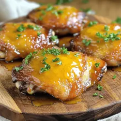 To create the perfect honey mustard chicken thighs, you need simple ingredients. Here’s what you’ll need: - 4 bone-in, skin-on chicken thighs - 1/4 cup Dijon mustard - 1/4 cup honey - 2 tablespoons olive oil - 2 cloves garlic, minced - 1 teaspoon smoked paprika - 1/2 teaspoon salt - 1/2 teaspoon black pepper - 1 tablespoon fresh thyme leaves (or 1 teaspoon dried thyme) - 1 tablespoon apple cider vinegar These ingredients blend well to make a sweet and tangy flavor that enhances the chicken. The Dijon mustard and honey create a great balance, while the spices bring depth. You can make your dish even nicer with some optional garnishes. Here are a few ideas: - Fresh parsley, chopped - Lemon zest for a bright touch - Sliced green onions for crunch These additions can brighten your dish and add a pop of color. They also provide additional flavors that complement the main ingredients. Understanding the nutritional value is key. For one serving of honey mustard chicken thighs, you get: - Calories: Approximately 350 - Protein: 25g - Fat: 25g - Carbohydrates: 10g - Fiber: 0g This dish is a good source of protein and healthy fats. The carbs come mainly from honey, which gives it sweetness. For the full recipe, check the details mentioned earlier. To start, I make the marinade. In a large bowl, I mix Dijon mustard, honey, olive oil, minced garlic, smoked paprika, salt, black pepper, thyme, and apple cider vinegar. I whisk it well until smooth. Next, I add the chicken thighs into the bowl. I make sure each piece is fully coated in the marinade. After that, I cover the bowl with plastic wrap. I let it sit in the fridge for at least 30 minutes. If I have time, I let it marinate for up to 2 hours. This gives the chicken a rich flavor. While the chicken marinates, I prepare my oven. I preheat it to 400°F (200°C). This temperature helps the chicken cook evenly. Next, I grab a baking dish and grease it lightly. This step keeps the chicken from sticking. After that, I take the chicken thighs out of the marinade. I keep the leftover marinade for later. I place the thighs skin-side up in the greased dish. Now it's time to bake! I put the baking dish in the oven and set a timer for 35-40 minutes. I check the internal temperature. It should reach 165°F (74°C). I want the skin to be golden brown too. During the last 10 minutes, I brush the reserved marinade over the chicken. This adds extra flavor and gives it a nice glaze. Once done, I let the chicken rest for 5 minutes before serving. The glaze from the baking dish adds a special touch. For a pop of color, I garnish with fresh parsley. For the full recipe, you can refer to the provided instructions. To cook chicken thighs just right, first, choose bone-in, skin-on pieces. This keeps the meat juicy and adds flavor. Make sure to season well. A mix of salt, pepper, and smoked paprika works great. When you bake, place them skin-side up for golden, crispy skin. Marinating the chicken is key to great taste. I suggest marinating for at least 30 minutes. For even better flavor, go for 2 hours. This allows the marinade to soak in and tenderize the meat. Use a covered bowl to keep it fresh in the fridge. To get that crispy skin, start with a hot oven at 400°F. Bake the chicken thighs without covering them. Brush on some reserved marinade during the last 10 minutes for extra flavor and shine. Letting the chicken rest for five minutes before serving also helps. This keeps it juicy and easy to slice. {{image_2}} You can swap honey with maple syrup or agave nectar. These options give sweetness too. If you want a different taste, try brown sugar. For mustard, yellow mustard works well as a lighter choice. You could also use spicy brown mustard for a kick. Each swap changes the flavor, so feel free to experiment. Grilling gives the chicken a smoky flavor. Preheat the grill to medium-high heat. Cook the thighs for about 6-7 minutes on each side. Check that they reach 165°F (74°C) in the center. Air frying is faster and still gives a crispy skin. Set your air fryer to 375°F (190°C) and cook for about 25 minutes. Both methods work great for this recipe. You can add more herbs to boost flavor. Try rosemary or oregano for a fresh twist. Spices like cayenne pepper can add heat. For a sweet touch, mix in some cinnamon. Each herb or spice will change the dish a bit, so use what you like. Adding fresh herbs before serving makes the dish look nice too. For more ideas, check the Full Recipe. To store leftover honey mustard chicken thighs, first let them cool. Place the chicken in an airtight container. Ensure the lid seals tightly. This keeps the chicken fresh and moist. Store it in the fridge for up to three days. If you want to keep it longer, freezing is a great option. When you're ready to eat the leftovers, reheating is easy. Preheat your oven to 350°F (175°C). Place the chicken thighs on a baking tray. Cover them with foil to keep them from drying out. Heat for about 20 minutes, or until warm. You can also use a microwave. Just heat for 1-2 minutes on medium power. If you have extra chicken, freezing works well. Wrap each thigh in plastic wrap tightly. Then, place them in a freezer bag or container. Label with the date to track freshness. The chicken can last for up to three months in the freezer. When you're ready to enjoy it, thaw it in the fridge overnight before reheating. This keeps the flavor and texture nice. For the full recipe, check the details above. You can enjoy Honey Mustard Chicken Thighs with many sides. Here are some great options: - Roasted vegetables like carrots and Brussels sprouts. - Creamy mashed potatoes for a hearty touch. - A fresh green salad for a light crunch. - Rice or quinoa to soak up the extra sauce. These pairings enhance the meal and offer balance. Yes, you can use boneless chicken thighs. They will cook faster than bone-in thighs. Adjust the baking time to around 25-30 minutes. Always check for doneness. The chicken should reach an internal temp of 165°F (74°C). Boneless thighs stay juicy and absorb the honey mustard flavor well. To check if your chicken is done, use a meat thermometer. Insert it into the thickest part of the thigh. It should read 165°F (74°C). If you don't have a thermometer, cut into the chicken. The juices should run clear, and the meat should not be pink. Proper cooking ensures food safety and great taste. For the full recipe, check out the details above. In this article, we covered the essentials for making honey mustard chicken thighs. I shared main ingredients, marinating tips, and cooking methods. You learned about variations and storage options to keep your meal fresh. Remember, the right marination and cooking methods create great flavors. Experiment with different herbs or cooking techniques. Enjoy your delicious chicken thighs and make them your own!
