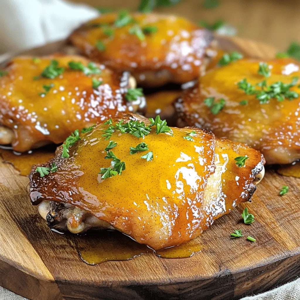 To create the perfect honey mustard chicken thighs, you need simple ingredients. Here’s what you’ll need: - 4 bone-in, skin-on chicken thighs - 1/4 cup Dijon mustard - 1/4 cup honey - 2 tablespoons olive oil - 2 cloves garlic, minced - 1 teaspoon smoked paprika - 1/2 teaspoon salt - 1/2 teaspoon black pepper - 1 tablespoon fresh thyme leaves (or 1 teaspoon dried thyme) - 1 tablespoon apple cider vinegar These ingredients blend well to make a sweet and tangy flavor that enhances the chicken. The Dijon mustard and honey create a great balance, while the spices bring depth. You can make your dish even nicer with some optional garnishes. Here are a few ideas: - Fresh parsley, chopped - Lemon zest for a bright touch - Sliced green onions for crunch These additions can brighten your dish and add a pop of color. They also provide additional flavors that complement the main ingredients. Understanding the nutritional value is key. For one serving of honey mustard chicken thighs, you get: - Calories: Approximately 350 - Protein: 25g - Fat: 25g - Carbohydrates: 10g - Fiber: 0g This dish is a good source of protein and healthy fats. The carbs come mainly from honey, which gives it sweetness. For the full recipe, check the details mentioned earlier. To start, I make the marinade. In a large bowl, I mix Dijon mustard, honey, olive oil, minced garlic, smoked paprika, salt, black pepper, thyme, and apple cider vinegar. I whisk it well until smooth. Next, I add the chicken thighs into the bowl. I make sure each piece is fully coated in the marinade. After that, I cover the bowl with plastic wrap. I let it sit in the fridge for at least 30 minutes. If I have time, I let it marinate for up to 2 hours. This gives the chicken a rich flavor. While the chicken marinates, I prepare my oven. I preheat it to 400°F (200°C). This temperature helps the chicken cook evenly. Next, I grab a baking dish and grease it lightly. This step keeps the chicken from sticking. After that, I take the chicken thighs out of the marinade. I keep the leftover marinade for later. I place the thighs skin-side up in the greased dish. Now it's time to bake! I put the baking dish in the oven and set a timer for 35-40 minutes. I check the internal temperature. It should reach 165°F (74°C). I want the skin to be golden brown too. During the last 10 minutes, I brush the reserved marinade over the chicken. This adds extra flavor and gives it a nice glaze. Once done, I let the chicken rest for 5 minutes before serving. The glaze from the baking dish adds a special touch. For a pop of color, I garnish with fresh parsley. For the full recipe, you can refer to the provided instructions. To cook chicken thighs just right, first, choose bone-in, skin-on pieces. This keeps the meat juicy and adds flavor. Make sure to season well. A mix of salt, pepper, and smoked paprika works great. When you bake, place them skin-side up for golden, crispy skin. Marinating the chicken is key to great taste. I suggest marinating for at least 30 minutes. For even better flavor, go for 2 hours. This allows the marinade to soak in and tenderize the meat. Use a covered bowl to keep it fresh in the fridge. To get that crispy skin, start with a hot oven at 400°F. Bake the chicken thighs without covering them. Brush on some reserved marinade during the last 10 minutes for extra flavor and shine. Letting the chicken rest for five minutes before serving also helps. This keeps it juicy and easy to slice. {{image_2}} You can swap honey with maple syrup or agave nectar. These options give sweetness too. If you want a different taste, try brown sugar. For mustard, yellow mustard works well as a lighter choice. You could also use spicy brown mustard for a kick. Each swap changes the flavor, so feel free to experiment. Grilling gives the chicken a smoky flavor. Preheat the grill to medium-high heat. Cook the thighs for about 6-7 minutes on each side. Check that they reach 165°F (74°C) in the center. Air frying is faster and still gives a crispy skin. Set your air fryer to 375°F (190°C) and cook for about 25 minutes. Both methods work great for this recipe. You can add more herbs to boost flavor. Try rosemary or oregano for a fresh twist. Spices like cayenne pepper can add heat. For a sweet touch, mix in some cinnamon. Each herb or spice will change the dish a bit, so use what you like. Adding fresh herbs before serving makes the dish look nice too. For more ideas, check the Full Recipe. To store leftover honey mustard chicken thighs, first let them cool. Place the chicken in an airtight container. Ensure the lid seals tightly. This keeps the chicken fresh and moist. Store it in the fridge for up to three days. If you want to keep it longer, freezing is a great option. When you're ready to eat the leftovers, reheating is easy. Preheat your oven to 350°F (175°C). Place the chicken thighs on a baking tray. Cover them with foil to keep them from drying out. Heat for about 20 minutes, or until warm. You can also use a microwave. Just heat for 1-2 minutes on medium power. If you have extra chicken, freezing works well. Wrap each thigh in plastic wrap tightly. Then, place them in a freezer bag or container. Label with the date to track freshness. The chicken can last for up to three months in the freezer. When you're ready to enjoy it, thaw it in the fridge overnight before reheating. This keeps the flavor and texture nice. For the full recipe, check the details above. You can enjoy Honey Mustard Chicken Thighs with many sides. Here are some great options: - Roasted vegetables like carrots and Brussels sprouts. - Creamy mashed potatoes for a hearty touch. - A fresh green salad for a light crunch. - Rice or quinoa to soak up the extra sauce. These pairings enhance the meal and offer balance. Yes, you can use boneless chicken thighs. They will cook faster than bone-in thighs. Adjust the baking time to around 25-30 minutes. Always check for doneness. The chicken should reach an internal temp of 165°F (74°C). Boneless thighs stay juicy and absorb the honey mustard flavor well. To check if your chicken is done, use a meat thermometer. Insert it into the thickest part of the thigh. It should read 165°F (74°C). If you don't have a thermometer, cut into the chicken. The juices should run clear, and the meat should not be pink. Proper cooking ensures food safety and great taste. For the full recipe, check out the details above. In this article, we covered the essentials for making honey mustard chicken thighs. I shared main ingredients, marinating tips, and cooking methods. You learned about variations and storage options to keep your meal fresh. Remember, the right marination and cooking methods create great flavors. Experiment with different herbs or cooking techniques. Enjoy your delicious chicken thighs and make them your own!