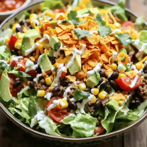 To make this tasty salad, gather these items: - 1 bag of Nacho Cheese Doritos (9 oz) - 1 lb ground beef or turkey - 1 packet taco seasoning - 1 cup diced tomatoes (fresh or canned) - 1 cup black beans, rinsed and drained - 1 cup corn kernels (canned or frozen) - 1 cup shredded lettuce - 1 cup shredded cheese (cheddar or Mexican blend) - ½ cup sour cream - ½ cup salsa - 1 avocado, diced (optional) - Fresh cilantro, for garnish