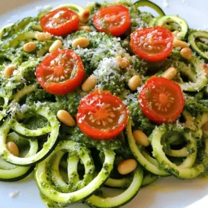 - 4 medium zucchinis (spiralized) - 1 cup fresh basil leaves - 1/2 cup pine nuts (toasted) - 1/2 cup grated Parmesan cheese (or nutritional yeast) - 2 garlic cloves (minced) - 1/4 cup extra virgin olive oil - Juice of 1 lemon - Salt and pepper to taste - Cherry tomatoes (for garnish) - Fresh basil leaves (for garnish) When making zucchini noodles with pesto, it all starts with fresh, quality ingredients. Zucchini is the star here. I prefer medium zucchinis because they spiralize well. You want them firm, so they hold their shape when cooked. Basil adds a bright flavor. I use fresh basil leaves for that burst of taste. Pine nuts bring a nice crunch. Toasting them enhances their flavor. You can swap in nutritional yeast if you want a vegan dish. Parmesan cheese gives a rich taste. Garlic adds depth, while lemon juice brightens the whole dish. Extra virgin olive oil is key for blending pesto smoothly. Don't forget salt and pepper; they help bring out all the flavors. For a lovely touch, cherry tomatoes and fresh basil leaves make great garnishes. This recipe is simple yet full of flavor. Grab your ingredients and let's get cooking! For the full recipe, check out the details above. To start, spiralize the zucchinis. You can use a spiralizer or a vegetable peeler. I prefer a spiralizer; it gives great noodle shapes. Once done, heat a splash of olive oil in a skillet. Sauté the spiralized noodles for about 2-3 minutes. This gives them a nice, soft texture. You want them to retain a little crunch. Next, let's make the pesto. In a food processor, combine fresh basil leaves, toasted pine nuts, grated Parmesan cheese, minced garlic, lemon juice, salt, and pepper. Pulse this mixture until it’s finely chopped. Then, while the processor runs, slowly drizzle in the olive oil. This will blend everything until it’s smooth and creamy. Taste and adjust the seasoning as needed. Now it’s time to bring it all together! Toss the sautéed zucchini noodles with the homemade pesto. Make sure to coat the noodles evenly. This is where the magic happens! For a lovely touch, garnish your dish with halved cherry tomatoes and fresh basil leaves. The colors look beautiful and add flavor. Serve this dish right away for the best taste. For the full recipe, check out Zesty Zucchini Noodle Delight! To make great zucchini noodles, you must avoid overcooking them. Cook them just until they soften a bit. This keeps them crunchy and fresh. Drain any extra moisture before cooking. This step helps the noodles get a better texture. Use a colander to let the water escape. Making your own pesto gives you full control over the taste. You can adjust flavors to fit what you like. Fresh basil, quality olive oil, and good cheese make a big difference. If you prefer store-bought, look for brands with simple, fresh ingredients. Some popular choices are Rao’s and Classico. They offer solid flavor and are easy to find. When serving, neatly arrange the zucchini noodles on each plate. This gives a clean look that impresses guests. For garnishing, try adding halved cherry tomatoes. You can also sprinkle more cheese or fresh basil on top. A drizzle of extra pesto adds color and flavor. These small touches make your dish look beautiful and inviting. {{image_2}} If you're looking to make zucchini noodles with pesto even healthier, consider these options: - Use nutritional yeast instead of cheese for a vegan meal. - Opt for low-sodium seasonings to keep salt levels down. These changes keep the dish tasty while meeting special dietary needs. Add more flavor by incorporating proteins or vegetables. Here are some ideas: - Grilled chicken or shrimp can boost the protein content. - Mix in spinach, bell peppers, or carrots for extra nutrition. These additions make the dish heartier and more filling. You can give your zucchini noodles a global flair. Try these ideas: - For an Italian twist, add sun-dried tomatoes or olives. - For an Asian-inspired flavor, mix in ginger and sesame oil. These cultural additions will surprise your taste buds and delight your guests. To keep your zucchini noodles with pesto fresh, place them in an airtight container. This helps prevent them from drying out or absorbing other smells from the fridge. They last about 3 to 4 days when stored properly. Always let them cool to room temperature before sealing them up. This way, moisture won’t build up and create sogginess. To reheat, use a skillet over low heat. Add a splash of olive oil to keep them moist. Stir gently for a few minutes until warmed through. Avoid using a microwave, as it can make the noodles too soft. If you have leftovers, consider making a frittata or adding them to a soup for a new meal. You can also toss them into salads for added flavor. Zucchini noodles are low in carbs. They are great for those watching their weight. They also pack vitamins A and C. These nutrients help keep your skin healthy. Plus, zucchini contains fiber, which aids digestion. This means you feel full longer and enjoy better gut health. Yes, you can prepare zucchini noodles in advance. Spiralize the zucchini and store them in the fridge. Use a paper towel to wrap them and soak up moisture. This keeps them crisp. Use them within two days for the best taste. The best tools for spiralizing are a spiralizer or a vegetable peeler. A spiralizer creates long, noodle-like strands. If you don’t have one, a peeler can make thin ribbons. Just be sure to use firm zucchinis for the best results. For the best flavor, use fresh basil and quality olive oil. Toast the pine nuts lightly to enhance their taste. You can also add more garlic for a stronger kick. Adjust salt and pepper to suit your taste. Zucchini noodles are a tasty and healthy option. We covered key ingredients like zucchinis, basil, and pine nuts. I shared steps to make the noodles and delicious pesto. Remember, don't overcook the noodles to keep them firm. Feel free to switch up flavors or add proteins to enhance your dish. Store leftovers properly and enjoy them within a few days. Now you can create a fresh meal that’s full of flavor and nutrition!
