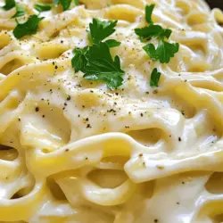 To make this Olive Garden Alfredo delight, gather these simple ingredients: - 12 oz fettuccine pasta - 1/2 cup (1 stick) unsalted butter - 2 cups heavy cream - 1 1/2 cups freshly grated Parmesan cheese - 2 cloves garlic, minced - Salt and pepper to taste - 1/4 teaspoon nutmeg (optional) - Fresh parsley, chopped (for garnish) You will need a few kitchen tools to make this dish: - Large pot for boiling pasta - Strainer for draining pasta - Medium saucepan for the sauce - Wooden spoon for stirring - Measuring cups and spoons - Cheese grater for the Parmesan Choosing the right ingredients makes a big difference. Here are my tips: - Pasta: Look for fresh or high-quality dried fettuccine. It should feel firm. - Butter: Use unsalted butter for better control of salt. - Cream: Choose heavy cream for a rich, thick sauce. - Parmesan: Always go for fresh-grated Parmesan. Pre-grated cheese lacks flavor. - Garlic: Choose firm garlic cloves. Fresh garlic gives the best taste. - Nutmeg: A pinch of nutmeg adds warmth but is optional. - Parsley: Fresh parsley adds nice color and flavor. Using fresh and high-quality items will make your Alfredo sauce taste amazing. Enjoy your cooking journey! First, grab a big pot and fill it with water. Add a good amount of salt to the water. Turn the heat to high and bring the water to a boil. Once boiling, add 12 oz of fettuccine pasta. Cook it according to the package instructions until it is al dente. This should take about 8 to 10 minutes. When it's ready, save 1 cup of the pasta water. Then, drain the pasta in a colander and set it aside. Next, take a medium saucepan and set it over medium heat. Add 1/2 cup of unsalted butter to the pan. Let it melt slowly. Be careful not to let it brown. Once the butter is melted and bubbling, stir in 2 cloves of minced garlic. Sauté the garlic for about 1 minute. You want it to smell good but not brown. Then, slowly pour in 2 cups of heavy cream while stirring. Let this simmer for 2 to 3 minutes. This helps the sauce thicken a bit. Now, gradually mix in 1 1/2 cups of freshly grated Parmesan cheese. Keep stirring until the cheese melts and the sauce is smooth. If it’s too thick, use some reserved pasta water to thin it out. Finally, season the sauce with salt, pepper, and a pinch of nutmeg, if you like. Now it’s time to bring it all together. Add the cooked fettuccine to the Alfredo sauce. Toss it gently to coat the pasta well with the creamy sauce. Make sure every piece of pasta is covered. Serve the pasta on plates and top it with freshly chopped parsley for some color. This adds a nice touch and a bit of flavor. Enjoy your Olive Garden Alfredo, a creamy pasta delight! For the full recipe, check the details above. To make a perfect Alfredo sauce, I always start with fresh ingredients. Use unsalted butter for a smooth base. Melt it gently in a pan; this keeps it creamy. Next, add minced garlic. Sauté it just until fragrant to avoid a burnt taste. Pour in heavy cream slowly while stirring. This helps the cream blend well with the butter. Let it simmer for a few minutes. This step makes the sauce thicker. Gradually stir in freshly grated Parmesan cheese. The cheese adds rich flavor and creaminess. If the sauce is too thick, add a splash of reserved pasta water. This will help achieve your desired consistency. Many people rush the cooking process. Avoid cooking the sauce on high heat. This can cause it to separate. Another mistake is using pre-grated cheese. It often contains anti-caking agents. These can prevent it from melting smoothly. Also, don’t forget to taste your sauce. Adding salt and pepper enhances the flavor. Lastly, ensure your pasta is al dente. Overcooked pasta can become mushy. I love serving Alfredo with fettuccine, but you can use any pasta. Try pairing it with grilled chicken or shrimp for added protein. Fresh vegetables like broccoli or spinach can brighten the dish. A side salad with a light vinaigrette complements it well. For drinks, a crisp white wine works nicely. You can also serve garlic bread on the side. It’s perfect for soaking up any leftover sauce. Enjoy the creamy goodness of this dish! {{image_2}} You can easily make Olive Garden Alfredo more filling by adding protein. Chicken is a great choice. Grilled or sautéed chicken adds flavor and texture. Just slice it and mix it into the pasta. Shrimp is another tasty option. Cook shrimp in the same pan after the garlic, and add them to the sauce. You can even use sausage or tofu for a different twist. Each protein brings its own flavor and makes the dish even better. Adding vegetables packs more nutrition into your meal. Broccoli works well with Alfredo. Steam or sauté it, then mix it in. Spinach is another great choice. It wilts down nicely and adds color. Mushrooms also add a rich flavor. Sauté them until they're tender, and then stir into the pasta. You can use any veggies you like. Just make sure they complement the creamy sauce. If you need a gluten-free version, use gluten-free pasta. There are many brands available. They cook just like regular pasta, so no worries there. For a dairy-free option, swap heavy cream with coconut milk or cashew cream. Nutritional yeast can add a cheesy flavor. You can also find dairy-free cheeses that melt well. These swaps let everyone enjoy this creamy delight. For the full recipe, check out the Creamy Dreamy Alfredo . To store your Olive Garden Alfredo, let it cool first. Place it in an airtight container. Make sure to cover the pasta well. It can stay fresh in the fridge for up to three days. Be sure to label the container with the date. This way, you won't forget when you made it. When you want to reheat your Alfredo, use a pot on low heat. Add a splash of milk or cream to keep it creamy. Stir often to avoid burning. You can also use a microwave. Heat it in short bursts, stirring in between. This helps it heat evenly. Freezing Alfredo is easy, but it can change the texture. To freeze, place the cooled pasta in a freezer-safe container. You can freeze it for up to two months. When ready to use, thaw it in the fridge overnight. Reheat as mentioned above, adding a little cream if needed. This will help bring back its creaminess. The secret is in the fat! Use heavy cream and butter. They add richness. Freshly grated Parmesan cheese also helps. It melts smoothly into the sauce. Avoid pre-grated cheese. It contains anti-caking agents that can affect texture. Cook the sauce gently to keep it creamy. Stir often to blend flavors well. Yes, you can make it ahead! Prepare the sauce and store it in the fridge. Just reheat it gently on low heat. Add a splash of cream or reserved pasta water to thin it out. This keeps the sauce creamy. Cook the pasta fresh when you are ready to serve. Combine them just before eating. To make a healthier Alfredo, try these swaps: - Use half-and-half instead of heavy cream. - Substitute some butter with olive oil. - Add pureed cauliflower for added creaminess. These changes lower the fat and calories while keeping the flavor. Fettuccine is the classic choice. Its wide shape holds the sauce well. You can also try other pastas: - Linguine - Penne - Farfalle These shapes work too, but fettuccine is the star for a reason! Olive Garden's Alfredo stands out for its rich flavor and creamy texture. It uses fresh ingredients and simple techniques. Their blend of garlic and nutmeg adds a special touch. The sauce is comforting and pairs well with many dishes. Yes, you can easily make a vegetarian Alfredo! Simply omit any meat. Use vegetable broth for extra flavor if desired. Ensure your cheese is rennet-free to keep it vegetarian. You can also add veggies like spinach or mushrooms for a tasty twist. For the full recipe, check out the Creamy Dreamy Alfredo section! This post covered how to make great Alfredo sauce and perfect pasta. I shared tips on picking fresh ingredients and using the right tools. You learned step-by-step cooking instructions and how to fix common mistakes. We explored tasty variations for all diets and how to store your leftovers. Remember, a creamy sauce comes from quality ingredients and careful cooking. Enjoy your cooking adventure with Alfredo, and don’t hesitate to experiment for your ideal dish.