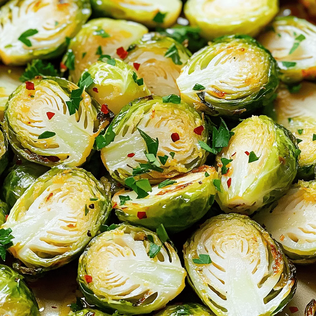 To make Lemon Garlic Roasted Brussels Sprouts, gather these simple ingredients: - 1 pound Brussels sprouts, trimmed and halved - 4 cloves garlic, minced - 3 tablespoons olive oil - 1 lemon, zested and juiced - 1 teaspoon honey or maple syrup - Salt and pepper, to taste - 1/4 teaspoon red pepper flakes (optional) - Fresh parsley, chopped (for garnish) These ingredients come together to create a bright and tasty side dish. You can easily swap some ingredients to fit your taste or pantry. Here are some ideas: - Brussels Sprouts: You can use green beans or cauliflower if you prefer. - Olive Oil: Avocado oil works well too. It has a nice flavor. - Honey or Maple Syrup: Agave syrup is a great vegan option. - Garlic: Garlic powder can replace fresh garlic in a pinch. Feel free to get creative with your substitutions! To prepare this dish, you will need a few basic tools: - Baking sheet: A large one for even roasting. - Mixing bowl: To toss the Brussels sprouts and ingredients together. - Knife and cutting board: For trimming and halving the Brussels sprouts. - Zester or grater: For the lemon zest. - Measuring spoons: To measure out your oil and sweetener. Having these tools ready will make cooking much easier. For the full recipe, check out the details and enjoy your cooking! First, we need to preheat the oven. Set it to 425°F (220°C). This step is key for getting crispy Brussels sprouts. The hot oven helps them brown nicely. Next, grab your Brussels sprouts. You’ll need one pound. Trim off the ends and cut them in half. This helps them cook evenly. Now, take a large bowl and add the halved sprouts. Add four minced garlic cloves to the bowl. Then, pour in three tablespoons of olive oil. The olive oil gives the sprouts a nice flavor. Zest and juice one lemon and add that to the mix. For a touch of sweetness, add one teaspoon of honey or maple syrup. Season with salt and pepper to taste. If you like a little heat, toss in 1/4 teaspoon of red pepper flakes. Mix everything well until the Brussels sprouts are coated. Now, spread the seasoned Brussels sprouts on a baking sheet. Make sure they are in a single layer. If they are crowded, they won’t get crispy. Place the baking sheet in the preheated oven. Roast for 20-25 minutes. Halfway through, shake the pan to help them cook evenly. You want them to be golden brown and crispy on the edges. Once done, take them out and let them cool for a minute. For extra flavor, you can toss them with a bit more lemon juice. Sprinkle fresh chopped parsley on top for a bright finish. Serve them in a dish and enjoy this tasty side! For the full recipe, check the section above. To get crispy Brussels sprouts, start with dry sprouts. After washing, make sure to pat them dry. A little moisture can cause them to steam instead of crisp. Use enough olive oil to coat them well. This helps create a nice golden color. Spread the sprouts in a single layer on the baking sheet. Crowding them can make them soggy. Roast them at a high temperature of 425°F (220°C). This brings out their natural sweetness and keeps them crunchy. You can play with flavors to make this dish your own. Try adding some grated Parmesan cheese for a cheesy twist. If you like spice, mix in some cayenne pepper with the red pepper flakes. For a smoky flavor, toss in some smoked paprika. You can also add nuts like almonds or walnuts for crunch. Don't forget to include fresh herbs like thyme or rosemary for an earthy touch. These small tweaks can elevate your Brussels sprouts. One common mistake is not trimming the sprouts properly. Always remove the tough ends before cooking. Another mistake is using too little oil. This can lead to uneven cooking and bland taste. Don’t skip shaking the pan halfway through roasting. This helps them cook evenly. Lastly, avoid opening the oven door too often. Each time you do, heat escapes and can affect cooking time. Follow these tips to make sure your roasted Brussels sprouts shine! {{image_2}} You can change up the flavor of Lemon Garlic Roasted Brussels Sprouts in fun ways. Try adding grated parmesan cheese for a cheesy touch. You can also mix in balsamic vinegar for a sweet and tangy flavor. For a spicy kick, toss in some sriracha or a pinch of cayenne pepper. Experiment with herbs like thyme or rosemary to change the taste. Each addition makes the dish unique! While roasting gives great results, you can try other methods. Air frying is a quick way to get crispy sprouts without much oil. Simply toss the sprouts with the same lemon and garlic mix, then air fry for about 15 minutes. You can also sauté them in a pan. Heat some olive oil, add the sprouts, and cook until they’re tender and slightly browned. Both methods work well! Lemon Garlic Roasted Brussels Sprouts make a great side dish. They pair nicely with grilled chicken or fish. You can also serve them alongside a hearty grain like quinoa or farro. For a vegetarian option, they go well with lentils or chickpeas. Finish your meal with a fresh salad for a balanced plate. Try this recipe for a delicious addition to your dinner table! Check out the Full Recipe for more details. After you finish your Lemon Garlic Roasted Brussels Sprouts, let them cool completely. Place the sprouts in an airtight container. Store them in the fridge. They stay fresh for about 3 to 4 days. If you want them to last longer, consider freezing. To reheat, preheat your oven to 350°F (175°C). Spread the leftover Brussels sprouts on a baking sheet. Heat them for about 10 to 15 minutes. This keeps them crispy. You can also use a microwave but be careful. Microwaving may make them soft. If you freeze the Brussels sprouts, use a freezer-safe container. They can last up to 2 months in the freezer. To thaw, move them to the fridge overnight. For a quick thaw, place them in a bowl of cold water for about 30 minutes. Once thawed, reheat them as mentioned above. You can enjoy these tasty sprouts again! For the full recipe, check out the detailed instructions. Yes, you can make these sprouts ahead of time. Cook them fully and let them cool. Store them in an airtight container in the fridge for up to three days. When ready to serve, reheat them in the oven for about 10 minutes. This will help restore their crispiness. These roasted Brussels sprouts pair well with many dishes. They are great with grilled chicken or fish. You can also serve them alongside a hearty grain, like quinoa or rice. For a vegetarian option, try them with a rich pasta dish. Their bright flavor adds a nice touch to any meal. Brussels sprouts are done when they turn golden brown and crispy on the edges. Typically, this takes about 20 to 25 minutes at 425°F (220°C). You can check them by piercing one with a fork. It should feel tender inside. If you want extra crispiness, roast them a few minutes longer. For the full recipe, check out the detailed instructions above. You’ve learned how to make Lemon Garlic Roasted Brussels Sprouts. We covered all the ingredients needed, along with possible substitutions. I shared step-by-step instructions to simplify your cooking process. We explored tips for crispy sprouts and fun ways to enhance flavors. You now have storage info and answers to common questions. With this knowledge, you can create a tasty dish anytime. Enjoy the crunch and flavor of your Brussels sprouts!