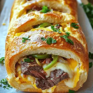 - 1 pound flank steak - 2 tablespoons olive oil - 1 medium onion, finely chopped - 1 green bell pepper, diced - 2 cloves garlic, minced - 1 teaspoon smoked paprika - Salt and pepper to taste - 1 cup shredded provolone cheese - 1 cup shredded mozzarella cheese - 1 large loaf of crusty bread (like ciabatta or baguette) - 2 tablespoons fresh parsley, chopped - 1 egg, beaten (for egg wash)