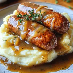 - 4 spicy pork sausages - 4 large Yukon Gold potatoes, peeled and chopped - 1/2 cup milk - 4 tablespoons unsalted butter - Salt and pepper to taste - 1 large onion, thinly sliced - 2 tablespoons all-purpose flour - 2 cups chicken or vegetable broth - 1 teaspoon Worcestershire sauce - 1 teaspoon fresh thyme, chopped (or 1/2 teaspoon dried)