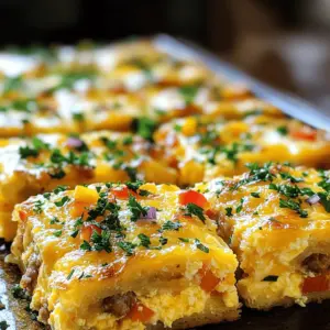 To make this tasty Easter breakfast casserole, you need some key ingredients: - 1 loaf of crusty sourdough bread, cubed - 8 large eggs - 2 cups whole milk - 1 cup shredded sharp cheddar cheese - 1 cup cooked and crumbled breakfast sausage - 1 cup diced bell peppers (mix of red, yellow, and green) - 1 small red onion, diced - 1 teaspoon garlic powder - 1 teaspoon dried thyme - Salt and pepper to taste - Fresh parsley, chopped (for garnish)