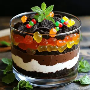 - 1 package (15.25 oz) Oreo cookies - 1/2 cup unsalted butter, softened - 8 oz cream cheese, softened - 1 cup powdered sugar - 1 teaspoon vanilla extract - 2 cups cold milk - 1 package (3.9 oz) instant chocolate pudding mix - 2 cups whipped topping (like Cool Whip) - 1 cup gummy worms (for decoration) - Fresh mint leaves (optional, for garnish)