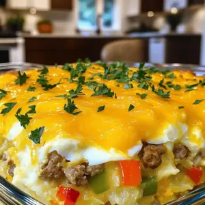 To make your Sausage Egg Casserole, gather these items: - 1 pound breakfast sausage - 6 large eggs - 2 cups milk - 1 cup shredded cheddar cheese - 1 cup frozen hash browns - 1 green bell pepper, diced - 1 small onion, diced - 1 teaspoon garlic powder - Salt and pepper to taste - Fresh parsley for garnish