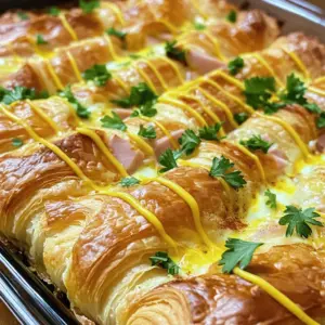 - 6 large buttery croissants, halved - 8 oz sliced ham - 8 oz shredded Swiss cheese - 4 large eggs - 1 cup milk