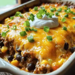 - 1 lb ground beef - 1 can (15 oz) black beans, rinsed and drained - 1 can (15 oz) corn, drained - 1 can (10 oz) diced tomatoes with green chilies, undrained - 1 packet taco seasoning - 2 cups cooked white rice - 1 cup sour cream - 2 cups shredded Monterey Jack cheese - 1/2 cup chopped green onions - 1/2 cup sliced black olives (optional) - Salt and pepper to taste - Optional garnishes The base of this dish is ground beef. It adds rich flavor and protein. Black beans boost the dish's heartiness and add fiber. Corn gives a sweet pop, while diced tomatoes with green chilies bring a zesty kick. Next, we add taco seasoning. It’s a quick way to pack in flavor. I love using cooked white rice as a filling layer. Sour cream makes it creamy and rich. Shredded Monterey Jack cheese melts beautifully on top, creating a gooey finish. Green onions give a fresh crunch, and black olives add a salty bite. You can skip the olives if you prefer. Finally, season with salt and pepper. These simple enhancements make a big difference. If you want to be creative, add garnishes like extra green onions or a dollop of sour cream before serving. For the full recipe, refer to [Full Recipe]. 1. Preheat your oven to 350°F (175°C). This step is key for even cooking. 2. In a large skillet over medium heat, brown 1 pound of ground beef. Cook it until it’s no longer pink. If there is excess fat, drain it away. 1. In a mixing bowl, combine 2 cups of cooked white rice with 1 cup of sour cream. Stir until they mix well. 2. Grease a 9x13 inch casserole dish. Spread the rice mixture evenly on the bottom. 3. Next, layer the beef mixture on top of the rice. 4. Sprinkle 2 cups of shredded Monterey Jack cheese over the beef. Finish with 1/2 cup of chopped green onions and optional sliced black olives. 1. Cover the casserole dish with aluminum foil. Bake for 25-30 minutes in the preheated oven. 2. Remove the foil and bake for an additional 10-15 minutes. The cheese should become bubbly and golden brown. You can find the full recipe for this dish in the earlier sections. This dish is great for family meals and gatherings. To get the best layers in your casserole, aim for even thickness. Start with the rice mixture as your base. It should be smooth. This helps the beef layer sit well on top. When cooking ground beef, make sure to drain the fat after browning it. This keeps the dish from being greasy. Also, let the beef mix simmer a bit. This helps all the flavors blend nicely. When serving, presentation matters. Serve directly from the casserole dish for a casual feel. Top with extra green onions for color and freshness. A dollop of sour cream on each plate adds creaminess. You can also serve with tortilla chips for a fun crunch. Pair it with a simple salad for freshness and balance. You can make this dish ahead of time. Prepare the layers and store them in the fridge. When ready, just bake it! If you have leftover ingredients from other meals, use them here. Leftover chicken or veggies can be great in this casserole. This way, you reduce waste and save time. For the full recipe, check out the earlier section. {{image_2}} You can easily switch out the ground beef. Ground turkey or chicken works well. They keep it tasty and lighter. You can also try different beans. Pinto or kidney beans add a nice twist. If you prefer grains, swap the rice for quinoa or barley. Both give a unique flavor and texture. Want some heat? Add jalapeños or chili peppers for a spicy kick. You can also make it vegetarian. Just leave out the meat and add more beans or veggies. Bell peppers and zucchini blend nicely in this dish. These changes keep it simple yet fun. Cheese lovers can rejoice! Try different cheeses like cheddar or pepper jack. Each type gives a new taste. Don't forget to experiment with toppings too. Crushed tortilla chips, fresh cilantro, or avocado slices can really elevate your meal. These little touches make the casserole feel special. For the full recipe, check out the earlier section. To keep your Mexican White Trash Casserole fresh, use these easy tips: - Allow the casserole to cool completely before storing. - Place leftovers in an air-tight container. - Store in the fridge for up to three days. If you want to save some for later, freezing works great: - Cut the casserole into individual portions for easy thawing. - Wrap each piece tightly in plastic wrap and then in foil. - Place the wrapped portions in a freezer-safe bag or container. - For best quality, use within three months. To reheat, thaw overnight in the fridge. Then, bake at 350°F until heated through. The shelf life of your casserole is key for taste: - In the fridge, eat within three days for the best flavor. - If frozen, consume within three months for top quality. Following these guidelines ensures every bite is as tasty as the first! If you need a substitute for sour cream, try plain yogurt. It gives a similar creaminess. For a dairy-free option, use cashew cream or coconut yogurt. Both choices work well and add nice flavors. You can also use cream cheese mixed with a little milk for a richer taste. Yes, you can make this casserole ahead of time. Prepare it up to the baking step and store it in the fridge. Cover it well to keep it fresh. When ready to bake, add about 10 extra minutes to the cooking time. This way, you have a quick meal on busy days. This casserole goes well with many sides. Here are a few great choices: - Cornbread: Its sweetness pairs nicely with the savory flavors. - Guacamole: Fresh and creamy, it adds a nice touch. - Mexican rice: It complements the dish and adds extra texture. - Salad: A simple green salad brings crunch and freshness. Try these sides to make your meal even better! For the full recipe, check out the details above. This blog post covered all you need for the perfect Mexican White Trash Casserole. We discussed key ingredients, step-by-step instructions, and creative variations. I shared tips for storage and serving suggestions, making it easy to enjoy this dish anytime. Remember, you can customize this recipe to fit your needs. Whether you opt for ground turkey or a spicy twist, the options are endless. Enjoy making and sharing this comforting meal with friends and family!