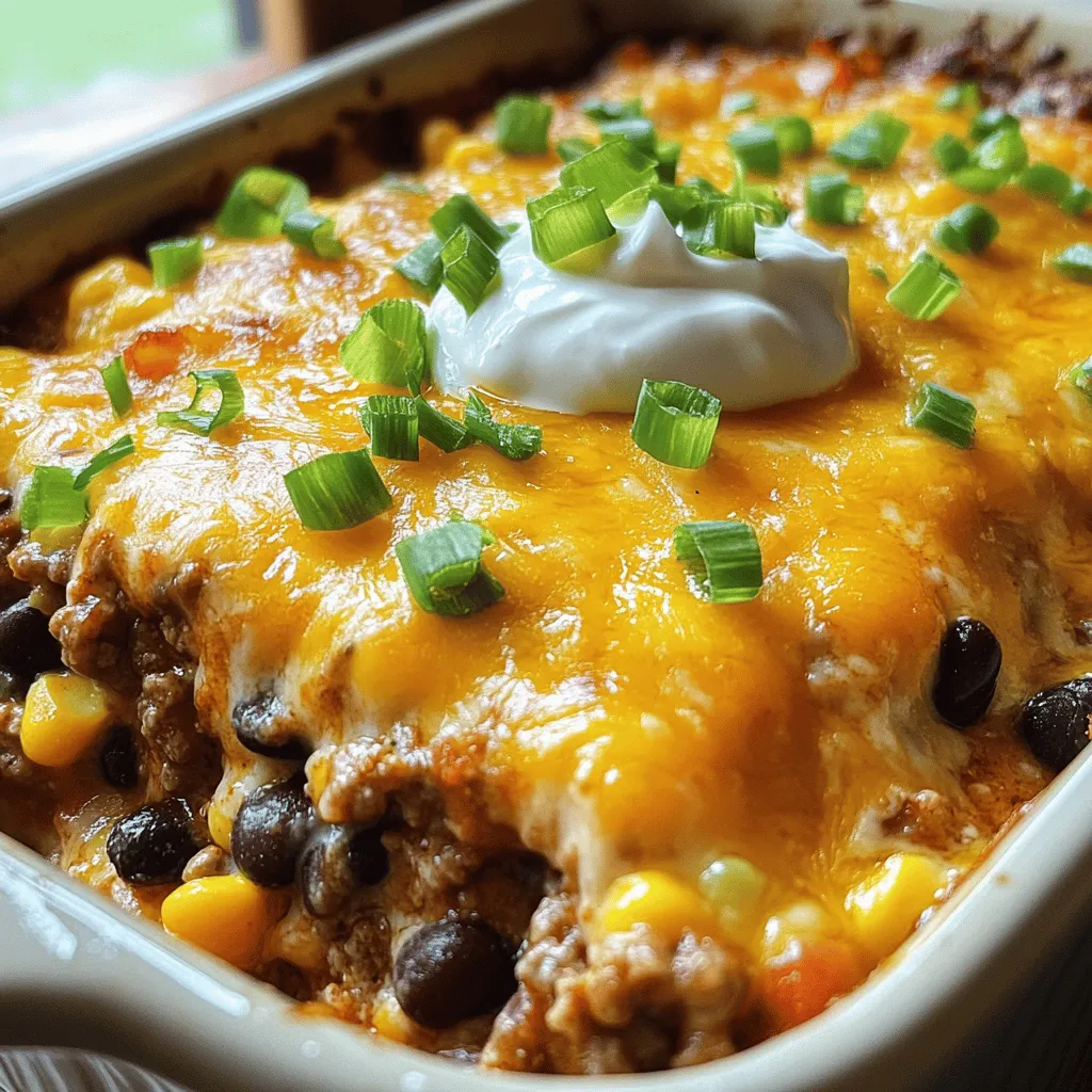 - 1 lb ground beef - 1 can (15 oz) black beans, rinsed and drained - 1 can (15 oz) corn, drained - 1 can (10 oz) diced tomatoes with green chilies, undrained - 1 packet taco seasoning - 2 cups cooked white rice - 1 cup sour cream - 2 cups shredded Monterey Jack cheese - 1/2 cup chopped green onions - 1/2 cup sliced black olives (optional) - Salt and pepper to taste - Optional garnishes The base of this dish is ground beef. It adds rich flavor and protein. Black beans boost the dish's heartiness and add fiber. Corn gives a sweet pop, while diced tomatoes with green chilies bring a zesty kick. Next, we add taco seasoning. It’s a quick way to pack in flavor. I love using cooked white rice as a filling layer. Sour cream makes it creamy and rich. Shredded Monterey Jack cheese melts beautifully on top, creating a gooey finish. Green onions give a fresh crunch, and black olives add a salty bite. You can skip the olives if you prefer. Finally, season with salt and pepper. These simple enhancements make a big difference. If you want to be creative, add garnishes like extra green onions or a dollop of sour cream before serving. For the full recipe, refer to [Full Recipe]. 1. Preheat your oven to 350°F (175°C). This step is key for even cooking. 2. In a large skillet over medium heat, brown 1 pound of ground beef. Cook it until it’s no longer pink. If there is excess fat, drain it away. 1. In a mixing bowl, combine 2 cups of cooked white rice with 1 cup of sour cream. Stir until they mix well. 2. Grease a 9x13 inch casserole dish. Spread the rice mixture evenly on the bottom. 3. Next, layer the beef mixture on top of the rice. 4. Sprinkle 2 cups of shredded Monterey Jack cheese over the beef. Finish with 1/2 cup of chopped green onions and optional sliced black olives. 1. Cover the casserole dish with aluminum foil. Bake for 25-30 minutes in the preheated oven. 2. Remove the foil and bake for an additional 10-15 minutes. The cheese should become bubbly and golden brown. You can find the full recipe for this dish in the earlier sections. This dish is great for family meals and gatherings. To get the best layers in your casserole, aim for even thickness. Start with the rice mixture as your base. It should be smooth. This helps the beef layer sit well on top. When cooking ground beef, make sure to drain the fat after browning it. This keeps the dish from being greasy. Also, let the beef mix simmer a bit. This helps all the flavors blend nicely. When serving, presentation matters. Serve directly from the casserole dish for a casual feel. Top with extra green onions for color and freshness. A dollop of sour cream on each plate adds creaminess. You can also serve with tortilla chips for a fun crunch. Pair it with a simple salad for freshness and balance. You can make this dish ahead of time. Prepare the layers and store them in the fridge. When ready, just bake it! If you have leftover ingredients from other meals, use them here. Leftover chicken or veggies can be great in this casserole. This way, you reduce waste and save time. For the full recipe, check out the earlier section. {{image_2}} You can easily switch out the ground beef. Ground turkey or chicken works well. They keep it tasty and lighter. You can also try different beans. Pinto or kidney beans add a nice twist. If you prefer grains, swap the rice for quinoa or barley. Both give a unique flavor and texture. Want some heat? Add jalapeños or chili peppers for a spicy kick. You can also make it vegetarian. Just leave out the meat and add more beans or veggies. Bell peppers and zucchini blend nicely in this dish. These changes keep it simple yet fun. Cheese lovers can rejoice! Try different cheeses like cheddar or pepper jack. Each type gives a new taste. Don't forget to experiment with toppings too. Crushed tortilla chips, fresh cilantro, or avocado slices can really elevate your meal. These little touches make the casserole feel special. For the full recipe, check out the earlier section. To keep your Mexican White Trash Casserole fresh, use these easy tips: - Allow the casserole to cool completely before storing. - Place leftovers in an air-tight container. - Store in the fridge for up to three days. If you want to save some for later, freezing works great: - Cut the casserole into individual portions for easy thawing. - Wrap each piece tightly in plastic wrap and then in foil. - Place the wrapped portions in a freezer-safe bag or container. - For best quality, use within three months. To reheat, thaw overnight in the fridge. Then, bake at 350°F until heated through. The shelf life of your casserole is key for taste: - In the fridge, eat within three days for the best flavor. - If frozen, consume within three months for top quality. Following these guidelines ensures every bite is as tasty as the first! If you need a substitute for sour cream, try plain yogurt. It gives a similar creaminess. For a dairy-free option, use cashew cream or coconut yogurt. Both choices work well and add nice flavors. You can also use cream cheese mixed with a little milk for a richer taste. Yes, you can make this casserole ahead of time. Prepare it up to the baking step and store it in the fridge. Cover it well to keep it fresh. When ready to bake, add about 10 extra minutes to the cooking time. This way, you have a quick meal on busy days. This casserole goes well with many sides. Here are a few great choices: - Cornbread: Its sweetness pairs nicely with the savory flavors. - Guacamole: Fresh and creamy, it adds a nice touch. - Mexican rice: It complements the dish and adds extra texture. - Salad: A simple green salad brings crunch and freshness. Try these sides to make your meal even better! For the full recipe, check out the details above. This blog post covered all you need for the perfect Mexican White Trash Casserole. We discussed key ingredients, step-by-step instructions, and creative variations. I shared tips for storage and serving suggestions, making it easy to enjoy this dish anytime. Remember, you can customize this recipe to fit your needs. Whether you opt for ground turkey or a spicy twist, the options are endless. Enjoy making and sharing this comforting meal with friends and family!
