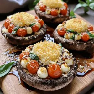 - 4 large Portobello mushrooms, stems removed - 1 cup cherry tomatoes, halved - 1 tablespoon balsamic vinegar - 1 tablespoon olive oil - Salt and pepper to taste - 1 cup fresh mozzarella balls (bocconcini), halved - ½ cup fresh basil leaves, chopped - 1 teaspoon garlic powder - ½ teaspoon red pepper flakes (optional) - ¼ cup grated Parmesan cheese