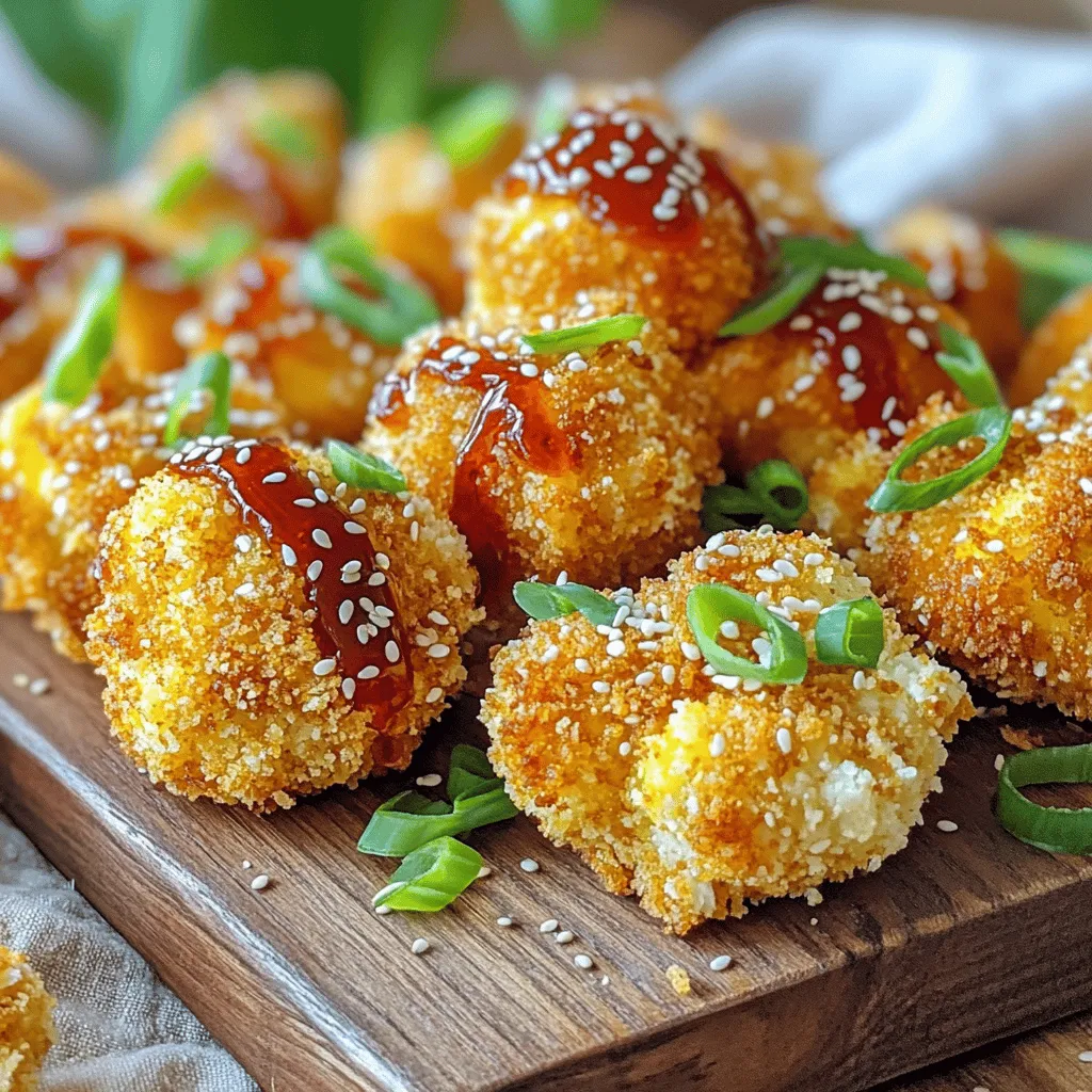 To make Sriracha Honey Cauliflower Bites, gather these simple items: - 1 medium head of cauliflower, cut into bite-sized florets - 1/2 cup all-purpose flour - 1/2 cup breadcrumbs (panko preferred for extra crispiness) - 1 teaspoon garlic powder - 1/2 teaspoon onion powder - 1/2 teaspoon paprika - 1/2 teaspoon salt - 1/4 teaspoon black pepper - 1/2 cup water - 1/4 cup Sriracha sauce - 2 tablespoons honey - 1 tablespoon soy sauce (low-sodium recommended) - 1 tablespoon sesame oil (optional) You can swap some ingredients if needed. Instead of all-purpose flour, try chickpea flour for a gluten-free option. You can also use almond flour as a low-carb choice. If you don’t have Sriracha, any hot sauce works. For the honey, agave syrup or maple syrup can replace it. Lastly, if you want to skip sesame oil, olive oil will do just fine. Each serving of these tasty bites has around 180 calories. You get about 4 grams of protein and 6 grams of fat. They also provide 28 grams of carbs, which makes them a filling snack. The recipe is a great way to enjoy veggies while getting a nice kick from Sriracha. Plus, they are lower in calories than many fried snacks. For a balanced meal, serve them with a side salad or whole grain. You can find the Full Recipe for exact details on portions and cooking times. First, gather your ingredients. You need: - 1 medium head of cauliflower, cut into bite-sized florets - 1/2 cup all-purpose flour - 1/2 cup breadcrumbs - 1 teaspoon garlic powder - 1/2 teaspoon onion powder - 1/2 teaspoon paprika - 1/2 teaspoon salt - 1/4 teaspoon black pepper - 1/2 cup water Start by preheating your oven to 425°F (220°C). Line a baking sheet with parchment paper. This step helps with easy cleanup later. In a large bowl, mix the flour, garlic powder, onion powder, paprika, salt, and pepper. Pour in the water and whisk to make a smooth batter. Next, dip each cauliflower floret into the batter. Ensure any extra batter drips off. Then, coat each floret in breadcrumbs. This adds a nice crunch. Place the coated florets on the baking sheet in a single layer. Bake the cauliflower bites for 20-25 minutes. Halfway through, turn them to ensure even cooking. You want them golden brown and crispy. Keep an eye on them to avoid burning. The aroma fills your kitchen, and it’s hard to resist. While the florets bake, prepare your Sriracha honey sauce. In a small bowl, whisk together: - 1/4 cup Sriracha sauce - 2 tablespoons honey - 1 tablespoon soy sauce - 1 tablespoon sesame oil (optional) Mix until well combined. Once your cauliflower bites finish baking, drizzle the sauce over them. Toss gently to coat. This adds a sweet and spicy kick. Return them to the oven for another 5-7 minutes. This helps the sauce caramelize and stick. After removing them, let them cool for a few minutes before serving. Enjoy these bites as a tasty snack or appetizer. For the complete recipe, check out the Full Recipe section above. To make your cauliflower bites extra crispy, use panko breadcrumbs. They give a light and crunchy texture. Coat the florets well in the batter, then press them into the breadcrumbs. This step adds more crunch. Bake at a high temperature, around 425°F (220°C). This helps them cook evenly and turn golden brown. For even crispier bites, consider flipping them halfway through the bake time. Start with a dry cauliflower. Pat the florets with a paper towel to remove moisture. This helps the batter stick better. When mixing the batter, ensure it is smooth. If it’s too thick, add a little water. Dip each floret first in the batter. Let any extra drip off. Then, roll it in the breadcrumbs until fully coated. This two-step coating gives great flavor and texture. Serve the cauliflower bites hot from the oven. They pair well with a cool dipping sauce. Try ranch or a yogurt-based sauce for a nice contrast. You can also sprinkle sesame seeds on top for added crunch. For a fun twist, add fresh herbs like cilantro or parsley. These add color and freshness to your plate. For the full recipe, check out the ingredients and steps. {{image_2}} You can switch up the Sriracha honey sauce for other flavors. Try buffalo sauce for a tangy kick. If you want something sweeter, use a teriyaki glaze. A garlic aioli also pairs well, adding creaminess. Each sauce gives a new twist to the classic bites. While panko breadcrumbs are great, feel free to get creative. Use crushed cornflakes for a crunchier texture. You can also use almond flour for a nutty flavor. For a spicy touch, toss in some chili powder to your breading mix. Each option gives your bites a unique taste. Want more color and nutrients? Toss in other veggies! Broccoli florets work well alongside cauliflower. Carrots cut into sticks can add a sweet crunch. You could even try bell pepper pieces for a fresh bite. Mix and match your favorites for a veggie medley. To keep your Sriracha honey cauliflower bites fresh, place them in an airtight container. Let them cool completely before sealing to avoid steam buildup. Store them in the fridge for up to three days. This keeps them crispy and tasty for your next snack. When you want to enjoy your leftovers, reheating is key. Preheat your oven to 375°F (190°C). Place the cauliflower bites on a baking sheet. Heat for about 10 minutes or until they are warm and crisp again. Avoid the microwave, as it can make them soggy. You can freeze these bites if you want to save some for later. After baking, let them cool completely. Then, place them in a single layer on a baking sheet and freeze for about an hour. Once frozen, transfer them to a freezer bag. They can last up to three months. To enjoy, bake them straight from the freezer for about 15-20 minutes at 425°F (220°C). Enjoy the crunch! Yes, you can easily make these bites gluten-free. Swap the all-purpose flour for a gluten-free flour blend. Also, choose gluten-free breadcrumbs. This way, you keep that tasty crunch without the gluten. To kick up the heat, add more Sriracha sauce to the batter. You can also mix in some cayenne pepper or red pepper flakes. Adjust these spices to match your heat level. Just remember, a little goes a long way! These crispy bites pair well with many sides. Try serving them with a cool dip, like ranch or blue cheese dressing. They also fit great on a platter with fresh veggies or even as a topping on a salad. Want to wow your guests? Serve them alongside some spring rolls or a nice bowl of rice! For the full recipe, check out the [Full Recipe]. This blog post covered how to make tasty Sriracha Honey Cauliflower Bites. We discussed key ingredients, helpful substitutions, and nutrition facts. You learned step-by-step how to prepare, bake, and make the sauce. I shared tips for crispiness, coating, and serving ideas. We explored variations, storage info, and answered common questions. Sriracha Honey Cauliflower Bites are fun and easy. You can customize them to your taste. Enjoy your cooking!