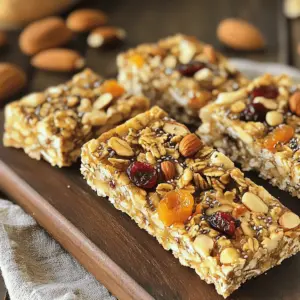 - Rolled oats: These are the backbone of your bars. They provide fiber and energy. Oats help keep you full and satisfied. - Mixed nuts: Almonds, walnuts, and pecans add crunch and healthy fats. They also offer protein, which is great for building muscle. Nuts provide antioxidants that help your body fight off illness. - Nut butter: Almond or peanut butter adds creaminess. It binds everything together and offers more protein. Plus, it gives a rich flavor that makes your bars delicious. - Honey vs. Maple syrup: Both sweeteners add flavor. Honey is thicker and adds a floral note. Maple syrup has a unique taste and is less sweet. Choose what you enjoy most. - Natural flavor extracts: Vanilla extract brightens your bars. It adds depth to the flavor without extra calories. You can also try almond or coconut extracts for fun twists. - Dried fruits: Cranberries, apricots, and raisins bring sweetness without refined sugars. They add vitamins and minerals, boosting your bars' nutrition. - Seeds: Chia, sunflower, or pumpkin seeds are great options. They add crunch and healthy fats. Seeds are also rich in fiber, helping with digestion. For the full recipe, check out the Nutty Delight Granola Bars. First, preheat your oven to 350°F (175°C). This step helps the granola bars bake evenly. Next, prepare an 8-inch square baking pan. Line it with parchment paper. This makes it easy to remove the bars later. In a large bowl, combine the rolled oats, chopped nuts, dried fruits, seeds, cinnamon, and salt. Mix these dry ingredients well. You want to achieve a good consistency. Make sure everything is evenly distributed. This helps each bite taste amazing. In a microwave-safe bowl, mix the nut butter and honey (or maple syrup). Heat this mixture for 20-30 seconds. You want it melted and easy to stir. Add the vanilla extract to this mix. Stir until well combined. Now, pour this wet mixture into the bowl with the dry ingredients. Use a spatula or your hands to mix everything together. You want all the ingredients coated uniformly. After mixing, transfer the granola to your prepared baking pan. Press it down firmly and evenly. This step is key for the bars to hold together. Bake in your preheated oven for 20-25 minutes. Look for golden brown edges. When they are done, cool the pan for about 10 minutes. Lift out the parchment paper and let them cool completely on a wire rack. Once cooled, cut them into bars. Enjoy your homemade granola bars! You can store them in an airtight container for up to a week. To keep your granola bars from crumbling, make sure to press the mixture firmly into the pan. A good, even press helps bind the ingredients together. Use a spatula or your hands to flatten the mix down. This step is key. Balancing sweetness and nuttiness is easy. If you want it sweeter, add more honey or maple syrup. For a nuttier taste, increase the amount of mixed nuts. Experiment with the ratios until you find the right blend that you enjoy. Overmixing can lead to dry bars. Mix just until the dry ingredients are coated. Undermixing leaves pockets of dry oats, which can also affect the texture. Aim for a good balance. Baking too long can make your bars hard. Keep an eye on them. They should be golden brown at the edges. If you're unsure, test them by gently pressing the top. It should feel firm but not hard. You can easily add protein-rich ingredients to your bars. Consider adding protein powder or using seeds like chia or hemp. These add extra nutrition without changing the taste much. Incorporating superfoods can also boost health benefits. Try mixing in ingredients like flaxseeds or goji berries. These give your bars a nutrient kick. Plus, they add unique flavors and textures. For the full recipe, check the Nutty Delight Granola Bars above. {{image_2}} You can play with flavors to make your granola bars fun and tasty. Here are two ideas: - Chocolate chip granola bars: Add a half cup of dark chocolate chips to your mix. They melt slightly and add a rich taste. - Spicy granola bars with cinnamon and nutmeg: Mix in one teaspoon of cinnamon and a pinch of nutmeg. This will give your bars a warm, cozy flavor. If you have special dietary needs, you can still enjoy these bars. Here are some options: - Gluten-free options: Use gluten-free oats and ensure your nut butter is also gluten-free. This way, everyone can enjoy them. - Vegan substitutions: Replace honey with maple syrup to keep it vegan. Also, check that your nut butter contains no animal products. You can make these bars your own by adding unique flavors. Here are some fun ideas: - Ideas for seasonal flavors: Add pumpkin spice in fall or coconut and lime in summer. These changes can keep things fresh and exciting. - Suggestions for using leftovers: If you have nuts, seeds, or dried fruits left over, toss them in. It’s a great way to not waste food and make each batch special. For the full recipe, check out Nutty Delight Granola Bars! Store your homemade granola bars in an airtight container. This keeps them fresh and tasty. You can use glass jars or plastic containers. Make sure the lid is tight. This helps avoid moisture. Keep the container in a cool, dry place. Avoid spots near heat or humidity. These factors can make your bars go stale faster. Homemade granola bars last about one week at room temperature. After that, they may lose their crunch. If you want to keep them longer, freezing is a great option. Wrap each bar in plastic wrap, then put them in a freezer bag. They can last up to three months in the freezer. Just pull one out when you need a snack! Check your granola bars for signs of spoilage. If they smell off or look dry, it’s time to toss them. Also, if you see mold, throw them away immediately. To keep them fresh longer, always store them in an airtight container. This simple step makes a big difference. Enjoy your Nutty Delight Granola Bars knowing they stay good for days! You can use alternatives like sunflower seed butter or coconut oil. These options work well and provide healthy fats. You can also try mashed bananas or applesauce for moisture. Just remember to adjust the sweetness if you add fruit. Yes, you can easily adjust the sweetness. Use less honey or maple syrup than the recipe calls for. You can also use sweeteners like agave or stevia. Just taste as you go to find your ideal level. Homemade granola bars can be very healthy. They let you control what goes inside. You can choose whole grains, nuts, and seeds. These ingredients provide fiber and protein. Store-bought bars often have added sugars and preservatives. You can add ingredients like protein powder, hemp seeds, or Greek yogurt. These options boost protein without changing the taste much. Make sure to adjust the liquid in your recipe to keep the texture right. Homemade granola bars are easy and fun to make. We explored key ingredients like oats, nuts, and sweeteners. Step-by-step, I shared how to mix, bake, and store them. You learned tips to avoid common mistakes and create unique flavors. Remember, customizations are endless, with options for dietary needs. These bars are not just tasty; they're a healthy snack. With fresh ingredients, you control what goes in. Enjoy making them your own!