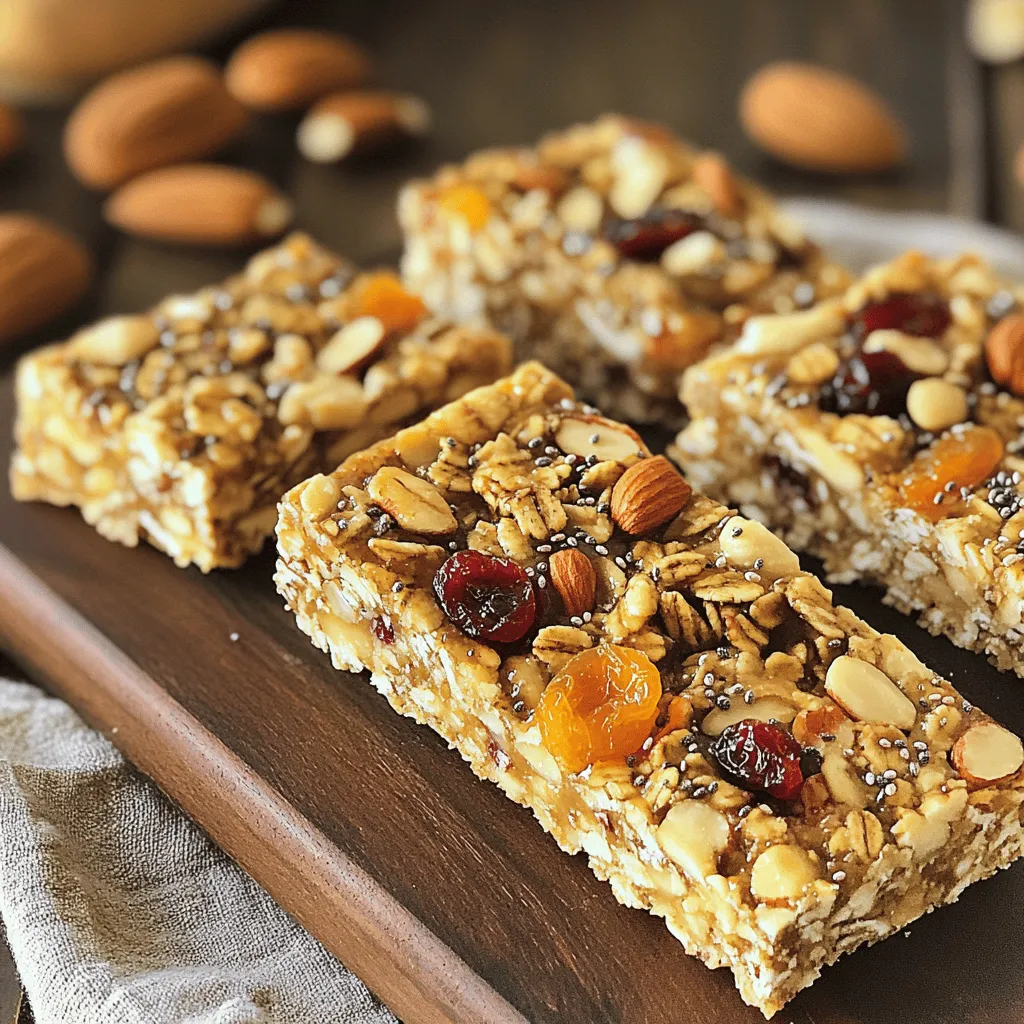 - Rolled oats: These are the backbone of your bars. They provide fiber and energy. Oats help keep you full and satisfied. - Mixed nuts: Almonds, walnuts, and pecans add crunch and healthy fats. They also offer protein, which is great for building muscle. Nuts provide antioxidants that help your body fight off illness. - Nut butter: Almond or peanut butter adds creaminess. It binds everything together and offers more protein. Plus, it gives a rich flavor that makes your bars delicious. - Honey vs. Maple syrup: Both sweeteners add flavor. Honey is thicker and adds a floral note. Maple syrup has a unique taste and is less sweet. Choose what you enjoy most. - Natural flavor extracts: Vanilla extract brightens your bars. It adds depth to the flavor without extra calories. You can also try almond or coconut extracts for fun twists. - Dried fruits: Cranberries, apricots, and raisins bring sweetness without refined sugars. They add vitamins and minerals, boosting your bars' nutrition. - Seeds: Chia, sunflower, or pumpkin seeds are great options. They add crunch and healthy fats. Seeds are also rich in fiber, helping with digestion. For the full recipe, check out the Nutty Delight Granola Bars. First, preheat your oven to 350°F (175°C). This step helps the granola bars bake evenly. Next, prepare an 8-inch square baking pan. Line it with parchment paper. This makes it easy to remove the bars later. In a large bowl, combine the rolled oats, chopped nuts, dried fruits, seeds, cinnamon, and salt. Mix these dry ingredients well. You want to achieve a good consistency. Make sure everything is evenly distributed. This helps each bite taste amazing. In a microwave-safe bowl, mix the nut butter and honey (or maple syrup). Heat this mixture for 20-30 seconds. You want it melted and easy to stir. Add the vanilla extract to this mix. Stir until well combined. Now, pour this wet mixture into the bowl with the dry ingredients. Use a spatula or your hands to mix everything together. You want all the ingredients coated uniformly. After mixing, transfer the granola to your prepared baking pan. Press it down firmly and evenly. This step is key for the bars to hold together. Bake in your preheated oven for 20-25 minutes. Look for golden brown edges. When they are done, cool the pan for about 10 minutes. Lift out the parchment paper and let them cool completely on a wire rack. Once cooled, cut them into bars. Enjoy your homemade granola bars! You can store them in an airtight container for up to a week. To keep your granola bars from crumbling, make sure to press the mixture firmly into the pan. A good, even press helps bind the ingredients together. Use a spatula or your hands to flatten the mix down. This step is key. Balancing sweetness and nuttiness is easy. If you want it sweeter, add more honey or maple syrup. For a nuttier taste, increase the amount of mixed nuts. Experiment with the ratios until you find the right blend that you enjoy. Overmixing can lead to dry bars. Mix just until the dry ingredients are coated. Undermixing leaves pockets of dry oats, which can also affect the texture. Aim for a good balance. Baking too long can make your bars hard. Keep an eye on them. They should be golden brown at the edges. If you're unsure, test them by gently pressing the top. It should feel firm but not hard. You can easily add protein-rich ingredients to your bars. Consider adding protein powder or using seeds like chia or hemp. These add extra nutrition without changing the taste much. Incorporating superfoods can also boost health benefits. Try mixing in ingredients like flaxseeds or goji berries. These give your bars a nutrient kick. Plus, they add unique flavors and textures. For the full recipe, check the Nutty Delight Granola Bars above. {{image_2}} You can play with flavors to make your granola bars fun and tasty. Here are two ideas: - Chocolate chip granola bars: Add a half cup of dark chocolate chips to your mix. They melt slightly and add a rich taste. - Spicy granola bars with cinnamon and nutmeg: Mix in one teaspoon of cinnamon and a pinch of nutmeg. This will give your bars a warm, cozy flavor. If you have special dietary needs, you can still enjoy these bars. Here are some options: - Gluten-free options: Use gluten-free oats and ensure your nut butter is also gluten-free. This way, everyone can enjoy them. - Vegan substitutions: Replace honey with maple syrup to keep it vegan. Also, check that your nut butter contains no animal products. You can make these bars your own by adding unique flavors. Here are some fun ideas: - Ideas for seasonal flavors: Add pumpkin spice in fall or coconut and lime in summer. These changes can keep things fresh and exciting. - Suggestions for using leftovers: If you have nuts, seeds, or dried fruits left over, toss them in. It’s a great way to not waste food and make each batch special. For the full recipe, check out Nutty Delight Granola Bars! Store your homemade granola bars in an airtight container. This keeps them fresh and tasty. You can use glass jars or plastic containers. Make sure the lid is tight. This helps avoid moisture. Keep the container in a cool, dry place. Avoid spots near heat or humidity. These factors can make your bars go stale faster. Homemade granola bars last about one week at room temperature. After that, they may lose their crunch. If you want to keep them longer, freezing is a great option. Wrap each bar in plastic wrap, then put them in a freezer bag. They can last up to three months in the freezer. Just pull one out when you need a snack! Check your granola bars for signs of spoilage. If they smell off or look dry, it’s time to toss them. Also, if you see mold, throw them away immediately. To keep them fresh longer, always store them in an airtight container. This simple step makes a big difference. Enjoy your Nutty Delight Granola Bars knowing they stay good for days! You can use alternatives like sunflower seed butter or coconut oil. These options work well and provide healthy fats. You can also try mashed bananas or applesauce for moisture. Just remember to adjust the sweetness if you add fruit. Yes, you can easily adjust the sweetness. Use less honey or maple syrup than the recipe calls for. You can also use sweeteners like agave or stevia. Just taste as you go to find your ideal level. Homemade granola bars can be very healthy. They let you control what goes inside. You can choose whole grains, nuts, and seeds. These ingredients provide fiber and protein. Store-bought bars often have added sugars and preservatives. You can add ingredients like protein powder, hemp seeds, or Greek yogurt. These options boost protein without changing the taste much. Make sure to adjust the liquid in your recipe to keep the texture right. Homemade granola bars are easy and fun to make. We explored key ingredients like oats, nuts, and sweeteners. Step-by-step, I shared how to mix, bake, and store them. You learned tips to avoid common mistakes and create unique flavors. Remember, customizations are endless, with options for dietary needs. These bars are not just tasty; they're a healthy snack. With fresh ingredients, you control what goes in. Enjoy making them your own!