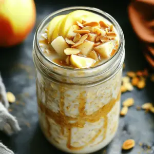 - 1 cup rolled oats - 1 ½ cups almond milk (or any milk of choice) - 1 medium apple, diced - 1 teaspoon cinnamon - 2 tablespoons maple syrup (or honey) - 1 tablespoon chia seeds - ½ cup Greek yogurt - ¼ teaspoon vanilla extract - Pinch of salt - Sliced almonds - Additional diced apple - Extra sprinkle of cinnamon - Drizzle of maple syrup When I make apple cinnamon overnight oats, I love using fresh, crunchy apples. Fuji or Honeycrisp works great. The oats soak up all the flavors overnight. Rolled oats are key. They become soft and creamy after soaking. I recommend using almond milk, but any milk will do. Adding cinnamon gives a warm spice flavor. Maple syrup adds sweetness, but honey works too. If you want to add a boost of nutrition, toss in chia seeds. They make the oats even creamier and add healthy fats. Greek yogurt is optional, but it adds protein and richness. For toppings, I enjoy sliced almonds and more diced apple. A sprinkle of cinnamon on top makes it look pretty. You can also drizzle more maple syrup if you like it sweeter. This recipe is simple and fun, and you can find the full recipe above. Enjoy your healthy breakfast! First, take a medium bowl. Combine 1 cup of rolled oats with 1 ½ cups of almond milk. Make sure the oats are fully submerged. This helps them absorb the milk. Next, mix in 1 tablespoon of chia seeds and a pinch of salt. Chia seeds add nutrition and help with texture. Stir well until everything is blended. Now, it's time to bring on the flavor! Incorporate 1 medium diced apple and 1 teaspoon of cinnamon into your bowl. The apple gives a nice crunch, while cinnamon adds warmth. For sweetness, stir in 2 tablespoons of maple syrup. If you want creaminess, add ½ cup of Greek yogurt. Mix everything until it looks delicious and well-combined. Next, transfer your oat mixture into mason jars or airtight containers. This makes it easy to grab in the morning. Seal the jars tightly and place them in the refrigerator. Let them sit overnight, or for at least 4-6 hours. This soaking time is key for soft, tasty oats. In the morning, give your oats a good stir. If they seem too thick, add a splash of your favorite milk. This will reach the perfect consistency. Finally, top the oats with sliced almonds and any extra goodies you like. You can add more diced apple, a sprinkle of cinnamon, or a drizzle of maple syrup. Enjoy your Apple Cinnamon Overnight Oats! For the complete recipe details, check the Full Recipe section. To get the best texture in your overnight oats, you can adjust the milk. If you like thick oats, use less milk. For creamier oats, add a bit more. You can also use Greek yogurt for extra creaminess. This makes the oats rich and filling. For a tasty twist, try different apples. Sweet apples like Fuji or Honeycrisp add great flavor. You can also mix in spices like nutmeg or ginger. This adds warmth and depth to your dish. Feel free to play with these flavors! Making a batch for the week is a smart idea. It saves time and keeps you ready for busy mornings. Use freezer-friendly containers for storage. This way, you can enjoy your oats later. Just thaw them overnight in the fridge for easy access. {{image_2}} If you want to make this dish nut-free, you can easily swap out the almond milk. Choose oat milk or soy milk instead. Both options work well and keep your oats creamy. For an extra twist, use pumpkin puree instead of Greek yogurt. This change adds flavor and keeps it dairy-free. To make your apple cinnamon overnight oats vegan, replace honey with maple syrup. This keeps the sweetness without animal products. You can also skip the Greek yogurt or use a vegan yogurt alternative. This way, everyone can enjoy a tasty and healthy breakfast. You can change up the flavors based on the season. In fall, add pumpkin or pear for a cozy touch. Both ingredients blend well with cinnamon. During summer, fresh berries or bananas can brighten your oats. They add natural sweetness and a burst of flavor. To store your apple cinnamon overnight oats, place them in airtight containers. This keeps the oats fresh and prevents them from absorbing odors. Your oats stay good for about 4 to 5 days in the fridge. Always check for signs of spoilage before eating. You can also freeze your overnight oats if you want to make a large batch. Just pour the mixture into freezer-safe containers. Leave some space at the top for expansion. When you want to eat them, take out a jar and let it thaw in the fridge overnight. You can reheat them in the microwave or eat them cold. Knowing when to toss leftovers is key for safety. If your oats smell sour or have an off-color, it’s time to discard them. Look for any mold or strange textures. These signs mean the oats have spoiled, and it's better to be safe than sorry. Yes, they can be made up to 5 days ahead. This makes them great for busy mornings. Just store them in the fridge. You can grab and go! Yes, but the texture will be different. Steel-cut oats are chewier and may need longer soaking. If you prefer a softer bite, stick with rolled oats. Almond, coconut, soy, and oat milk are all great choices. Each adds a unique flavor. You can use any milk you like. Soaking allows oats to soften and absorb flavors. But a few hours can suffice if you're in a hurry. Give them at least 4 hours for best results. Use certified gluten-free oats as a substitute. This way, everyone can enjoy the dish without worry. Always check labels to ensure they meet gluten-free standards. Now you know how to make apple cinnamon overnight oats. You learned the essential and optional ingredients, plus tips to boost flavor and texture. I showed you how to prepare, store, and personalize your oats with fun variations. You can meal prep for the week and enjoy a tasty breakfast. Get creative with toppings and flavors. This dish is simple, healthy, and will keep you full. Enjoy your oats and the energy they bring!
