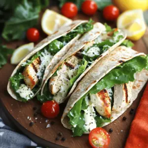 To make mouthwatering Grilled Chicken Caesar Wraps, you will need: - 2 boneless, skinless chicken breasts - 2 tablespoons olive oil - 1 teaspoon garlic powder - 1 teaspoon onion powder - 1 teaspoon dried oregano - Salt and pepper to taste - 4 large whole wheat tortillas - 2 cups romaine lettuce, chopped - ½ cup Caesar dressing (store-bought or homemade) - ¼ cup grated Parmesan cheese - 1 cup cherry tomatoes, halved - Freshly cracked black pepper and lemon wedges for serving These ingredients work together to create a wrap that is both tasty and easy to make. The chicken gives protein and flavor. Dressed romaine adds crunch, while the tomatoes provide a burst of sweetness. While the required ingredients make a great wrap, you can customize it further by adding: - Homemade Caesar dressing for a fresher taste - Alternative toppings like avocado, bacon bits, or olives for added flavor Feel free to mix and match these extras. They can elevate your wrap and make it your own. Each serving of Grilled Chicken Caesar Wraps contains: - Approximately 450 calories - 30 grams of protein - 18 grams of fat - 40 grams of carbs This meal packs a punch with balanced nutrition. It offers a great blend of protein, fats, and carbs to keep you full and satisfied. To start, mix your spices with olive oil. In a small bowl, combine 2 tablespoons of olive oil, 1 teaspoon of garlic powder, 1 teaspoon of onion powder, 1 teaspoon of dried oregano, and salt and pepper to taste. Rub this mixture onto the chicken breasts. Ensure they are coated well. For the best flavor, let them marinate for at least 30 minutes. If you have time, marinate for up to 2 hours in the fridge. This helps the chicken soak up all those tasty spices. Next, preheat your grill or grill pan over medium heat. It should be hot but not smoking. Place the marinated chicken breasts on the grill. Cook them for about 6-7 minutes per side. Use a meat thermometer to check the internal temperature. It should reach 165°F (75°C). After cooking, let the chicken rest for 5 minutes. This keeps it juicy when you slice it. Now, in a large bowl, combine the chopped romaine lettuce, Caesar dressing, and grated Parmesan cheese. Toss them together to coat the lettuce evenly. For assembly, lay a tortilla flat on a clean surface. On one side, place some sliced grilled chicken, the dressed romaine salad, and halved cherry tomatoes. To wrap it up, fold the sides of the tortilla inward, then roll it tightly from the bottom up to enclose the filling. Repeat this step with the other tortillas and ingredients. Once done, you can serve your Grilled Chicken Caesar Wraps. Enjoy them fresh with a sprinkle of cracked black pepper and a wedge of lemon on the side. For the full recipe, refer to the instructions earlier. For juicy grilled chicken, start with marination. Mix olive oil, garlic powder, onion powder, oregano, salt, and pepper. Marinate your chicken for at least 30 minutes. This step adds flavor and moisture. When grilling, preheat your grill to medium heat. Cook for 6-7 minutes on each side. Ensure the internal temperature reaches 165°F. Let the chicken rest for 5 minutes before slicing. This keeps the juices inside, making each bite tender and tasty. To keep your wraps neat, lay the tortilla flat. Place the grilled chicken slices on one side. Then add the dressed romaine and cherry tomatoes. Fold the sides in first. Then, roll from the bottom up tightly. This method prevents spillage and helps keep the filling inside. If you find the wrap hard to manage, use a toothpick to secure it. Serve the wraps cut in half on a platter. This makes them easy to grab. Add freshly cracked black pepper on top for flavor. Include lemon wedges on the side. The lemon adds a bright touch when squeezed over the wrap. You can pair these wraps with a side salad or some crunchy chips for a complete meal. For more ideas, check out the Full Recipe for extra tips. {{image_2}} You can easily change some ingredients to fit your diet. For gluten-free options, choose gluten-free tortillas. Many brands offer tasty choices. You can find them in most grocery stores. If you want a vegan or vegetarian wrap, swap the chicken for grilled tofu or tempeh. You can also use chickpeas for a protein boost. Use a vegan Caesar dressing instead of the regular one to keep it plant-based. To change the flavor of your wraps, try different dressings or marinades. A zesty ranch or tangy vinaigrette can give your wraps a new twist. You can also add spices like chili powder or smoked paprika for a kick. Feel free to mix in other veggies. Sliced bell peppers, cucumbers, or avocados add freshness and crunch. You can even toss in cooked bacon or shrimp for added protein. The options are endless! For a fun serving idea, make a wrap platter. Cut each wrap in half and arrange them on a large plate. You can also serve them in salad bowls. Just layer the ingredients in a bowl instead of wrapping them. This makes it easy for everyone to customize their meal. For the full recipe, check out the detailed instructions above. Enjoy experimenting with these variations! To keep leftover wraps fresh, wrap them tightly in plastic wrap or foil. Place them in an airtight container. Store the wraps in the refrigerator for up to three days. This helps maintain their taste and texture. If you want to enjoy them later, make sure to separate any wet ingredients, like dressing, to avoid sogginess. You can freeze the wraps for later. To do this, wrap each one in plastic wrap. Then, place them in a freezer bag or airtight container. Make sure to label them with the date. When you are ready to eat, thaw them in the fridge overnight. Reheat in a microwave for about 1-2 minutes or in an oven at 350°F (175°C) until warmed through. Grilled Chicken Caesar Wraps stay fresh for about three days in the fridge. If you freeze them, they can last up to three months. To keep the flavor and quality, store them properly. Always check for any signs of spoilage before eating. Enjoy your delicious wraps even days after you make them! Making Grilled Chicken Caesar Wraps is quick and simple. The prep time is about 15 minutes. You will then need around 35 minutes to cook the chicken. So, in total, you’re looking at about 50 minutes from start to finish. This meal is great for busy weeknights or a pleasant lunch. Yes, you can use leftover chicken for Grilled Chicken Caesar Wraps. It saves time and makes the meal even easier. Just make sure to reheat it fully. You can use a microwave or a skillet. This keeps the chicken tasty and warm. The flavor should still be great, especially if seasoned well before. These wraps are filling, but some sides can add variety. You can serve them with crispy veggie sticks, like carrots or bell peppers. A light salad works well too. If you want something warm, try some roasted potatoes or sweet potato fries. These options make the meal more fun and satisfying. Grilled Chicken Caesar Wraps are easy to make and tasty. You learned about the key ingredients, like chicken breasts and tortillas. I shared how to marinate and grill chicken, plus assembly steps for wraps. You also discovered tips for perfect flavor and storing leftovers. Don't hesitate to customize your wraps or try new flavors. These wraps fit neatly into any meal plan. Enjoy creating your own delicious versions at home. It's a simple way to eat well and have fun.