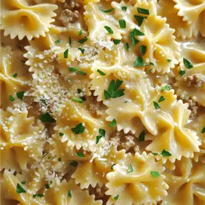 For creamy garlic Parmesan bowtie pasta with beef, gather these ingredients: - 12 oz bowtie pasta - 1 lb ground beef - 4 cloves garlic, minced - 1 cup heavy cream - 1 cup grated Parmesan cheese - 1 tablespoon olive oil - 1 teaspoon Italian seasoning - Salt and pepper to taste - Fresh parsley, chopped (for garnish)