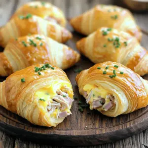 To make baked chicken ham and cheese croissants, you need the following ingredients: