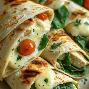 - 2 large chicken breasts, grilled and sliced - 4 large flour tortillas - 1 cup shredded mozzarella cheese - 1/2 cup cream cheese, softened - 4 cloves garlic, minced - 1 tablespoon olive oil - 1/2 teaspoon paprika - 1/2 teaspoon Italian seasoning - Salt and pepper to taste - 1 cup fresh spinach leaves - 1/2 cup cherry tomatoes, halved - Optional: fresh parsley for garnish