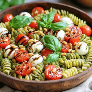 For this Pesto Caprese Pasta Salad, you will need: - 2 cups fusilli pasta (or any pasta of your choice) - 1 cup cherry tomatoes, halved - 1 cup fresh mozzarella balls (bocconcini), halved - 1 cup fresh basil leaves, chopped - 1 cup homemade or store-bought basil pesto - 1 tablespoon olive oil - Salt and pepper to taste - 1/4 cup pine nuts, toasted (for crunch) - Optional: Balsamic glaze for drizzling These ingredients come together to create a fresh and flavorful dish. The pasta serves as the base, while the tomatoes and mozzarella add creaminess and sweetness. If you have special dietary needs, you can still enjoy this salad. Here are some alternatives: - Gluten-free pasta: Use gluten-free fusilli or another type of gluten-free pasta. - Vegan option: Swap mozzarella for vegan cheese or avocado. - Nut-free: Omit the pine nuts or use sunflower seeds for crunch. - Low-carb: Substitute pasta with spiralized zucchini or cauliflower rice. These swaps keep the dish tasty while meeting your needs. To make this salad, you will need some key kitchen tools: - Mixing bowls: For combining all the ingredients. - Large pot: To cook the pasta. - Colander: For draining the pasta after cooking. - Utensils: Use a spatula or spoon for mixing and serving. Having the right equipment will make your cooking experience smooth and fun. Start with a big pot of water. Add a good amount of salt to it. Bring this water to a boil. Once it’s bubbling, add your fusilli pasta. Cook it until it is just firm, or "al dente." This usually takes about 8 to 10 minutes. Drain the pasta in a colander and rinse it under cold water. This helps stop the cooking. It also cools the pasta down for your salad. In a large mixing bowl, add the cooled pasta. Now, toss in the halved cherry tomatoes and mozzarella balls. Don’t forget the fresh basil leaves; they add a lot of flavor. In a small bowl, mix your basil pesto with olive oil. This makes the pesto easier to pour. Pour this mixture over your pasta and other ingredients. Gently mix everything together. Make sure every piece gets coated in that delicious pesto. Texture is key for a great pasta salad. Always cook your pasta to al dente. This keeps it firm and prevents it from becoming mushy. When you mix in the tomatoes and mozzarella, do it gently. You want them to stay whole. Adding toasted pine nuts gives a nice crunch. If you want more flavor, drizzle balsamic glaze on top before serving. Let the salad chill in the fridge for at least 30 minutes. This helps all the flavors blend perfectly. For the full recipe, check out the detailed steps above! To make great pesto, start with fresh basil. Use clean leaves and avoid brown spots. Add garlic for a nice kick. Use high-quality olive oil for rich flavor. Blend everything until smooth but leave some texture. Toast your pine nuts lightly to enhance their taste. Remember, you can adjust the salt to your liking. If you want a creamier pesto, add a little Parmesan cheese. To keep pasta firm, cook it al dente. This means it should be slightly firm when bitten. Rinse the pasta in cold water right after cooking. This stops the cooking process and cools it down. Don't forget to toss the pasta with a little olive oil. This helps prevent sticking and keeps each piece separate. For a beautiful dish, serve your salad in a large bowl. Layer the pasta, tomatoes, and mozzarella for a colorful look. Garnish with fresh basil leaves on top. Sprinkle some toasted pine nuts for crunch and texture. Drizzle balsamic glaze around the bowl for a gourmet touch. This makes your dish not just tasty but also eye-catching. For more detailed steps, refer to the Full Recipe. {{image_2}} You can make this dish your own. Try adding grilled chicken or shrimp for protein. You can also use different cheeses like feta or goat cheese. These will bring a new flavor. For a spicy kick, add red pepper flakes. Another fun twist is to mix in some arugula. It adds a peppery taste that works well with the pesto. Use seasonal ingredients to keep things fresh. In summer, you can add fresh corn or zucchini. In fall, consider roasted butternut squash or Brussels sprouts. For winter, try using kale or spinach. These swaps give the salad a new vibe each season. You can also switch up the tomatoes. Use heirloom or grape tomatoes for a flavor boost. Making this salad vegan is easy. Just skip the mozzarella and use a vegan cheese alternative. You can also add avocado for creaminess. For a gluten-free option, choose gluten-free pasta. There are many great options available now. Make sure to check the labels for any hidden gluten. These simple changes keep everyone happy at the table. For the full recipe, visit [Full Recipe]. To keep your Pesto Caprese Pasta Salad fresh, store it in an airtight container. This helps maintain the flavors and prevent the salad from drying out. Place a piece of plastic wrap directly on the salad before sealing the container to keep it even fresher. Avoid adding balsamic glaze until you're ready to serve, as it can make the salad soggy. When stored properly, this salad stays good for up to three days in the fridge. After that, the ingredients may lose their crispness and flavor. Always check for any signs of spoilage, like odd smells or discoloration, before enjoying leftovers. Freezing is not the best option for this salad. The texture of pasta, tomatoes, and mozzarella may change when thawed. If you do want to freeze it, consider freezing the pasta and pesto separately. You can cook fresh ingredients later when you're ready to enjoy the salad. For best results, eat it fresh! For the full recipe, check out the complete details. Yes, you can use store-bought pesto. It saves time and still tastes great. Many brands offer tasty options. Just check the label for quality. If you love homemade, make some for extra flavor. You can use any pasta you like. Fusilli works well, but penne or rotini are great too. Try whole wheat or gluten-free options if you prefer. Just cook pasta until al dente for the best texture. Chilling the salad is a good idea. It helps the flavors blend well. I recommend chilling for at least 30 minutes. You can serve it cold or at room temperature. Adding balsamic glaze right before serving gives it a nice touch. Enjoy your Pesto Caprese Pasta Salad! For the full recipe, check out the recipe section. This blog post shared how to make Pesto Caprese Pasta Salad. You learned about the best ingredients and the tools needed. I gave tips on cooking pasta and making homemade pesto. I also covered storage methods and answered common questions. Try different twists with seasonal ingredients for fun. Experiment with vegan or gluten-free options too. You can impress friends and family with this dish. Enjoy your cooking adventure and make this salad your own!