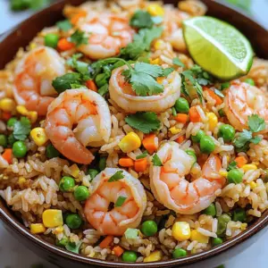 - 1 cup jasmine rice (uncooked) - 10 oz shrimp, peeled and deveined - 2 tablespoons vegetable oil - 2 eggs, lightly beaten - 1 cup mixed vegetables (peas, carrots, corn) - 3 green onions, chopped - 2 cloves garlic, minced - 2 tablespoons soy sauce - 1 tablespoon oyster sauce (optional) - Salt and pepper to taste - Fresh cilantro, for garnish