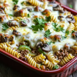 - 1 pound ground beef - 1 small onion, diced - 1 green bell pepper, diced - 1 cup mushrooms, sliced - 2 cloves garlic, minced - 2 cups cooked pasta (penne or rotini) - 1 cup beef broth - 1 tablespoon Worcestershire sauce - 2 cups provolone cheese, shredded - 1 teaspoon Italian seasoning - Salt and pepper to taste - 2 tablespoons olive oil