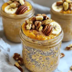 You only need a few simple items to make pumpkin spice overnight oats. Here’s what you need: - 1 cup rolled oats - 1 cup almond milk (or your favorite milk) - 1/2 cup canned pumpkin puree - 1 tablespoon maple syrup (adjust for taste) - 1/2 teaspoon pumpkin spice blend (plus more for topping) - 1 tablespoon chia seeds - 1/2 teaspoon vanilla extract - A pinch of salt These ingredients work together to create a creamy and flavorful dish that you’ll love. You can make your oats even better with some tasty toppings! Here are some ideas: - Chopped pecans - Chopped walnuts - Sliced banana - A dollop of yogurt Feel free to mix and match these toppings to fit your taste. Now let’s talk about why these ingredients are great for you. - Rolled oats: They are full of fiber. This helps keep you full and supports digestion. - Canned pumpkin puree: It’s packed with vitamins A and C. This boosts your immune system and helps your skin. - Chia seeds: These tiny seeds are a great source of omega-3 fatty acids. They also add extra fiber for a healthy gut. - Maple syrup: It’s a natural sweetener. It has antioxidants that help fight inflammation. - Almond milk: It’s lower in calories than regular milk. It also adds a nutty flavor without dairy. These key ingredients not only taste good but also support your health in many ways. For the full recipe, check out the instructions above. Start by gathering your ingredients. You will need: - 1 cup rolled oats - 1 cup almond milk (or milk of choice) - 1/2 cup canned pumpkin puree - 1 tablespoon maple syrup (adjust to taste) - 1/2 teaspoon pumpkin spice blend (plus more for garnish) - 1 tablespoon chia seeds - 1/2 teaspoon vanilla extract - A pinch of salt - Optional toppings: chopped pecans, walnuts, sliced banana, or a dollop of yogurt Make sure everything is measured out. This makes mixing easier. In a large mixing bowl, combine all the ingredients. First, add the rolled oats and almond milk. Then, mix in the pumpkin puree, maple syrup, pumpkin spice blend, chia seeds, vanilla extract, and salt. Use a whisk or spoon to blend everything well. You want a smooth mixture with no clumps. This step is key to making sure your oats soak up all the flavors. Once mixed, divide the oats into two airtight jars. Seal them tightly and place them in the fridge. Let them chill for at least 4 hours or overnight. When you’re ready to eat, stir the oats. If they seem too thick, add a splash of milk to get the right texture. Top with your favorite nuts, a sprinkle of pumpkin spice, banana slices, or yogurt. For a fun look, serve the oats in the jars. Adding colorful toppings makes it more appealing. Enjoy your delicious Pumpkin Spice Overnight Oats! To make the best pumpkin spice overnight oats, start with quality ingredients. Use rolled oats for the best texture. They soak up liquid well and stay chewy. Combine them with almond milk and pumpkin puree for creaminess. Make sure to whisk all ingredients until they blend smoothly. This step helps flavors mix better. Divide the mixture into jars for easy serving. Sweetness is personal. You can adjust the maple syrup to fit your taste. Start with one tablespoon, then add more if you like it sweeter. Try adding extra spices too. Cinnamon, nutmeg, or ginger can enhance the flavor. You can also mix in vanilla extract for a richer taste. Taste the mix before refrigerating to get it just right. Texture adds fun to your oats. Chia seeds are great for thickening and adding nutrition. You might also try nuts like walnuts or pecans. They give a nice crunch and healthy fats. Sliced bananas can add creaminess. If you want more protein, a dollop of yogurt on top works wonders. Feel free to get creative with your favorite add-ins! For the full recipe, check out the detailed instructions above. {{image_2}} You can easily make this recipe dairy-free and vegan. Use almond milk, coconut milk, or oat milk. These options give the oats a creamy texture. They also add a nice flavor. If you want, you can skip the maple syrup and use agave syrup instead. Both sweeteners work well in this recipe. While pumpkin spice is a favorite, you can switch flavors with the seasons. In spring, try adding fresh berries and a touch of lemon zest. In summer, peach or mango puree can be a tasty choice. In winter, mix in some cocoa powder or peppermint extract. Each swap brings a new twist to your oats. Want to make your oats more filling? Add a scoop of protein powder to the mix. You can also stir in Greek yogurt after cooking. Nut butters, like almond or peanut, work great too. These additions not only boost protein but also add rich flavors. Make sure to adjust the liquid if you add extra ingredients. For the full recipe, check out the earlier section. Enjoy your tasty variations! To keep your pumpkin spice overnight oats fresh, use airtight containers. I like glass jars, as they seal well and look nice. Make sure to fill the jars almost to the top. This helps avoid air exposure. Store them in the fridge right after you prepare them. This keeps the oats from getting soggy. The oats stay good for up to four days in the fridge. I recommend eating them within this time for the best taste. If you notice any off-smells or changes in color, it's best to toss them. Always trust your senses when it comes to food safety. You can enjoy your overnight oats cold right from the fridge. I often do this for a quick breakfast. If you prefer them warm, just heat them in the microwave. Add a splash of milk before heating to keep them creamy. Heat for about 30 seconds, then stir. Check the temperature and enjoy! You can use instant oats, but they will change the texture. Instant oats absorb liquid faster. This can make your oats too mushy. I recommend using rolled oats for a creamier bite. Rolled oats give a nice chewiness. You will enjoy the texture more with rolled oats. To make dairy-free pumpkin spice overnight oats, use almond milk or oat milk. These options work well. You can also try coconut milk for a richer flavor. Just swap out the milk in the recipe. This keeps the oats creamy and delicious. One common mistake is adding too much liquid. Stick to the recipe for best results. Another mistake is not letting the oats sit long enough. They need time to soak up the flavors. Avoid using low-quality spices, as they can dull the taste. Lastly, don’t forget to stir before serving! This helps mix the settled ingredients well. We explored the world of overnight oats, from key ingredients to simple steps. I shared tips on making them creamy and delicious, plus fun variations to try. Remember, you can customize them to fit your taste and needs. Store them well to enjoy for days. With these insights, you can create delicious, healthy meals easily. Dive in, get creative, and enjoy your morning oats!