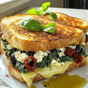 - 4 slices of sourdough bread - 2 cups fresh spinach, chopped - 1/2 cup feta cheese, crumbled - 1/2 cup mozzarella cheese, shredded - 1/4 cup sun-dried tomatoes, chopped - 1/4 cup black olives, pitted and diced - 2 tablespoons olive oil - 1 teaspoon garlic powder - Salt and pepper to taste - Optional: Fresh basil leaves for garnish