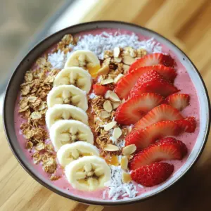 To make a tasty Strawberry Banana Smoothie Bowl, gather these key ingredients: - 1 cup frozen strawberries - 1 ripe banana, sliced - 1 cup almond milk (or any milk of choice) - 1 tablespoon honey or agave syrup - 1 tablespoon chia seeds - 1/4 teaspoon vanilla extract These ingredients offer great nutrition. Strawberries are high in vitamin C and antioxidants. They help boost your immune system. Bananas provide potassium, which is good for heart health. Almond milk is low in calories and rich in vitamin E. Chia seeds are packed with fiber and omega-3 fatty acids, promoting good digestion. Honey or agave syrup adds natural sweetness without refined sugar. Together, they create a delicious base. Adding toppings can elevate your smoothie bowl. Here are some great options: - Sliced fresh bananas - Sliced strawberries - Granola - Coconut flakes - Nuts (like almonds or walnuts) These toppings add texture and flavor. Fresh bananas and strawberries enhance the fruity taste. Granola gives a satisfying crunch, while coconut flakes add chewiness. Nuts provide healthy fats and protein, keeping you full longer. Each topping has its own health benefits, making your meal even better. For the full recipe, check out the details provided above. Enjoy creating your perfect bowl! To make a great smoothie bowl, start with the strawberries and bananas. For strawberries, rinse them well under cold water. Remove the green tops and cut them in half. If using frozen strawberries, you can skip this step. For bananas, peel them and slice them into thick rounds. This makes blending easier. For measuring the other ingredients accurately, use a measuring cup for liquids. Pour almond milk carefully to avoid spills. Use a tablespoon for honey or agave, and a teaspoon for vanilla extract. Accurate measuring helps the smoothie taste just right. Now it's time to blend! Add the strawberries, sliced banana, almond milk, honey (or agave), chia seeds, and vanilla extract into your blender. Blend on high speed until everything is smooth and creamy. If you see lumps, blend a bit longer. If your smoothie is too thick, don’t worry. Just add a splash more almond milk. Blend again until you reach your desired thickness. Remember, a thick smoothie is great for a bowl! Pour the blended smoothie into a bowl. Use a spatula to gently smooth the top. Make it look nice and even. Now comes the fun part—adding toppings! Start with fresh banana and strawberry slices. Arrange them in a circle or any fun design you like. Next, sprinkle granola over the top for crunch. Add coconut flakes and a handful of nuts for extra flavor. For a finishing touch, drizzle a bit of honey or agave syrup on top. This makes it even sweeter and more delicious. Enjoy your beautiful smoothie bowl right away for the best taste and texture! To get a smooth, lump-free smoothie, start with frozen fruit. Frozen strawberries create a thick, creamy texture. Cut your banana into slices, and freeze some pieces if you prefer a colder bowl. When blending, mix on high speed. If you still see lumps, blend longer. If the smoothie is too thick, add a splash of almond milk. Blend again until you reach your desired thickness. For a creamier texture, you can add a little more banana or a scoop of Greek yogurt. This adds nice creaminess and taste. Just be careful not to add too much liquid, or it will become runny. To boost flavor, consider adding spinach or kale. These greens blend well and add nutrients without changing the taste much. You can also mix in a scoop of protein powder if you want more protein. Adjust sweetness to your liking by adding more honey or agave syrup. Taste your smoothie before serving. If it needs more sweetness, just add a little more and blend again. For a fun twist, try adding a dash of cinnamon or nutmeg. These spices can add warmth and depth to your smoothie bowl. Feel free to explore and find what you enjoy most! For the full recipe, check the details above. {{image_2}} You can switch up the fruit in your smoothie bowl for fun. Mango and blueberries are great options. They add unique flavors and colors. You can even mix fruits. Try adding peaches or raspberries for a twist. Using seasonal fruits is a smart choice too. In summer, use fresh peaches or cherries. In the fall, think about adding pumpkin or apples. This keeps your smoothie bowl fresh and exciting. Use what you love and what is in season. If you want a dairy-free option, almond milk works well. You can also use coconut or oat milk. Each milk adds its own taste. For sweeteners, try maple syrup or agave. They blend right in and keep it sweet. For a vegan smoothie bowl, use ripe bananas. They bring natural sweetness. You can balance flavors by adding a pinch of salt. This brings out the taste of the fruits. Enjoy your creamy, vegan treat! For the full recipe, check out the Strawberry Banana Bliss Smoothie Bowl. If you have leftover smoothie, refrigerate it right away. Pour it into a sealed container. This keeps it fresh for up to two days. Make sure to stir it well before serving. If you want to freeze your smoothie bowl, pour it into an airtight container. Leave some space at the top. The smoothie may expand as it freezes. You can store the frozen smoothie for up to a month. To revive a thawed smoothie bowl, let it sit at room temperature for a few minutes. This softens it nicely. If it feels too thick, add a splash of almond milk. Stir well to mix it in. For texture, blend it again for a smoother finish. This will help keep the creamy feel of the original bowl. Always aim to enjoy your smoothie bowl fresh. It tastes best when it’s just made! For the full recipe, check out the Strawberry Banana Bliss Smoothie Bowl. A Strawberry Banana Smoothie Bowl is both tasty and healthy. Each serving has about: - Calories: 250 - Protein: 5 grams - Fat: 7 grams - Carbohydrates: 45 grams - Fiber: 6 grams - Sugars: 18 grams The main ingredients provide vitamins and minerals. Strawberries give you vitamin C, while bananas add potassium. Almond milk offers a low-calorie base. Chia seeds add fiber and omega-3 fatty acids. Each bowl is balanced for energy and nutrients. Yes, you can make this smoothie bowl ahead! Here are some tips: - Prep Ingredients: Slice bananas and measure out strawberries in advance. - Blend and Store: Blend the smoothie and store it in the fridge. Use an airtight container. - Use Within Two Days: For best taste, eat it within two days. - Toppings: Keep toppings separate until serving. This keeps them fresh and crunchy. Making a dairy-free smoothie bowl is easy. Here are some ideas: - Milk Substitutes: Use almond milk, coconut milk, or oat milk instead of dairy milk. - Sweeteners: Use agave syrup or maple syrup instead of honey for a vegan option. - Yogurt Alternatives: If you want creaminess, try coconut yogurt or almond yogurt. These swaps keep the flavor while making it friendly for all diets. You now know how to create a tasty smoothie bowl. We covered key ingredients and their health perks. You learned how to blend and assemble your bowl for the best taste. Don't forget the fun toppings to boost flavor and texture! Experiment with different fruits and dairy-free options to fit your needs. Lastly, store leftovers properly to enjoy them later. Stick to these tips, and you'll impress yourself and friends with your smoothie bowl skills. Enjoy your delicious creation!
