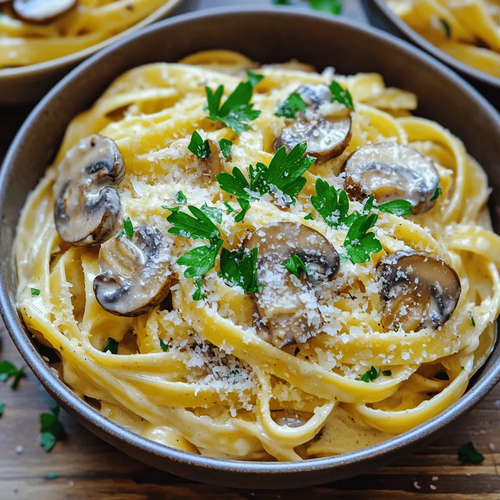 - 250g pasta (fettuccine or your choice) - 2 tablespoons olive oil - 4 cloves garlic, minced - 250g mushrooms, sliced (button or cremini) - 1 cup heavy cream - ½ cup grated Parmesan cheese - Salt and pepper to taste - 1 teaspoon dried thyme - 1 tablespoon fresh parsley, chopped (for garnish) When I create Creamy Garlic Mushroom Pasta, I focus on fresh and simple ingredients. The pasta serves as the base for this dish. I often choose fettuccine, but any pasta works. Olive oil adds richness, while garlic gives a strong aroma. The mushrooms bring depth and umami flavors. Heavy cream makes the dish rich and smooth. Parmesan cheese adds a salty touch, while thyme enhances the taste. Finally, fresh parsley brightens the dish and makes it look appealing. - For pasta, consider gluten-free options like rice or chickpea pasta. - For dairy-free, use coconut cream or cashew cream instead of heavy cream. Nutritional yeast can replace Parmesan. Substituting ingredients can help meet dietary needs. I love gluten-free pasta for a lighter meal. Coconut cream provides a rich texture without dairy. Nutritional yeast gives a cheesy flavor without the dairy. - Large pot for boiling pasta - Skillet for sautéing ingredients - Measuring cups and spoons Using the right equipment makes cooking easier. A large pot helps boil pasta evenly. A skillet allows for better heat control when sautéing garlic and mushrooms. Measuring cups and spoons ensure you use the right amounts, which is key to great taste. For the full recipe, check out the details above. Start by boiling water in a large pot. Add a good amount of salt. This will flavor the pasta. Once the water is bubbling, add the pasta. Cook it according to the package instructions until it is al dente. Al dente means the pasta should be firm but not hard. Save half a cup of pasta water before you drain it. This water will help adjust your sauce later. In a large skillet, pour in the olive oil. Heat it over medium heat. Once hot, add the minced garlic. Sauté the garlic for about one minute. You want it to smell good, not burn. Next, add the sliced mushrooms. Season them with salt and pepper. Cook the mushrooms until they are golden brown and soft. This will take about five to seven minutes. Now, reduce the heat to low. Pour in the heavy cream and stir well. Let the cream simmer for a couple of minutes. This will help it thicken. Next, add the grated Parmesan cheese and dried thyme. Stir until the cheese melts. You want a creamy sauce that coats the back of a spoon. Gently add the cooked pasta to the skillet. Use a spatula or tongs to mix the pasta with the sauce. If the sauce is too thick, add some of the reserved pasta water. This will help you reach the perfect creamy consistency. Toss the pasta well to coat it in the sauce. For a nice finish, sprinkle chopped parsley on top. You can also add more Parmesan cheese if you like. Serve the pasta in shallow bowls. Drizzle a little olive oil on top for added flavor. This dish looks and tastes amazing, perfect for any meal. Check out the Full Recipe for more details! To enhance the garlic notes, use fresh garlic cloves. Fresh garlic gives a brighter taste. If you want a milder flavor, roast the garlic first. This adds a sweet, nutty touch to the dish. When it comes to herbs, fresh herbs shine compared to dried ones. Fresh parsley adds color and freshness. You can also try fresh thyme for a lovely aroma. For the cream sauce, keep an eye on the consistency. If it’s too thick, add a splash of reserved pasta water. This keeps the sauce smooth and creamy. To prevent mushy pasta, don’t overcook it. Cook until it’s al dente, so it holds up well in the sauce. Drain it quickly and toss it with the sauce right away. Meal prep can save you time. Cook the pasta and sauce in advance. Store them separately to keep them fresh. When it’s time to eat, just heat the sauce and add the pasta. Making ahead is great for busy evenings. You can whip up this meal in no time. Check out the Full Recipe for more details. {{image_2}} To make a vegan version of this creamy garlic mushroom pasta, you can swap out the heavy cream. Use plant-based cream options like coconut cream or cashew cream. These choices give a rich and smooth texture. You can also add nutritional yeast for a cheesy flavor without dairy. It works great in this dish and adds a nice umami taste. If you want to add some protein, chicken or shrimp works well. Simply cook the protein in the skillet before adding the mushrooms. For a vegetarian option, you can use chickpeas or tofu. Both options soak up flavors and add a hearty touch to the meal. Spice things up by adding crushed red pepper or Italian seasoning. A little heat can elevate the dish. You can also toss in fresh vegetables like spinach or sun-dried tomatoes. They add color and extra nutrition. Feel free to mix and match these ideas to create your perfect bowl of creamy garlic mushroom pasta. For the full recipe, check out the details above. Store your Creamy Garlic Mushroom Pasta in an airtight container. This keeps the dish fresh. You can keep it in the fridge for up to three days. When you are ready to eat, look for any signs of spoilage. To reheat, use the stovetop or microwave. If using the stovetop, warm it gently on low heat. Stir often to avoid sticking. If using a microwave, heat in short bursts, stirring in between. Serve with a sprinkle of fresh parsley and extra Parmesan for added flavor. You can freeze the cream sauce separately from the pasta. This prevents the sauce from becoming grainy. To freeze, let the sauce cool completely before placing it in a freezer-safe container. To thaw, move it to the fridge overnight. Reheat it gently, then mix with freshly cooked pasta. Avoid freezing the cooked pasta, as it can become mushy during thawing. You can store this pasta dish in the fridge for up to three days. Use an airtight container to keep it fresh. When you want to eat it again, just reheat it on the stove or in the microwave. Add a splash of cream or water to help it stay creamy. Yes, you can! Look for gluten-free pasta made from rice or chickpeas. These options cook well and taste great with the creamy sauce. Make sure to check the package for cooking times, as they may differ from regular pasta. This pasta goes well with several side dishes. I recommend a simple green salad with a light vinaigrette. Garlic bread is another great choice. It adds crunch and flavor to your meal. To add spice, you can include crushed red pepper flakes. Start with a pinch, then taste and add more if needed. You can also use spicy sausage or sauté jalapeños with the mushrooms for extra heat. Absolutely! You can mix different types of mushrooms to change the flavor. Try shiitake, portobello, or even oyster mushrooms. Each will give a unique taste to the dish, making it even more exciting. This blog post explored the key ingredients, cooking steps, and tips for Creamy Garlic Mushroom Pasta. You learned how to sauté mushrooms, make a creamy sauce, and combine it all for a delicious meal. We also discussed variations, storage tips, and even answered common questions. Cooking can be fun, and this dish is flexible. It invites you to experiment with flavors and ingredients. So, grab your gear and enjoy making this delightful recipe!