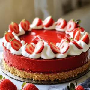 - Graham cracker crumbs (1 ½ cups): These make a crumbly base. They add flavor and crunch. - Sugar (⅓ cup): This sweetens the crust. It balances the richness of the cheesecake. - Unsalted butter (½ cup, melted): This binds the crust. It adds richness and moisture. - Cream cheese (2 cups, softened): This is the main part of the cheesecake. It gives a creamy texture. - Powdered sugar (1 cup): This adds sweetness and smoothness. It helps blend well with cream cheese. - Vanilla extract (1 teaspoon): This enhances flavor. It adds a lovely aroma to the cheesecake. - Sour cream (1 cup): This adds tanginess and creaminess. It makes the cheesecake rich and moist. - Eggs (2 large): These provide structure. They help set the cheesecake as it bakes. - Red food coloring (1 tablespoon): This gives the cheesecake its beautiful red color. - Cocoa powder (1 tablespoon): This adds a hint of chocolate flavor. It complements the red velvet theme. - Fresh strawberries (1 ½ cups, hulled and halved): These add a fruity twist. They make the cheesecake fresh and vibrant. - Heavy whipping cream (½ cup, for topping): This makes a light, fluffy topping. It adds a nice finish. - Extra strawberries for garnish: These make the dessert look pretty. Fresh fruit always adds color and appeal.