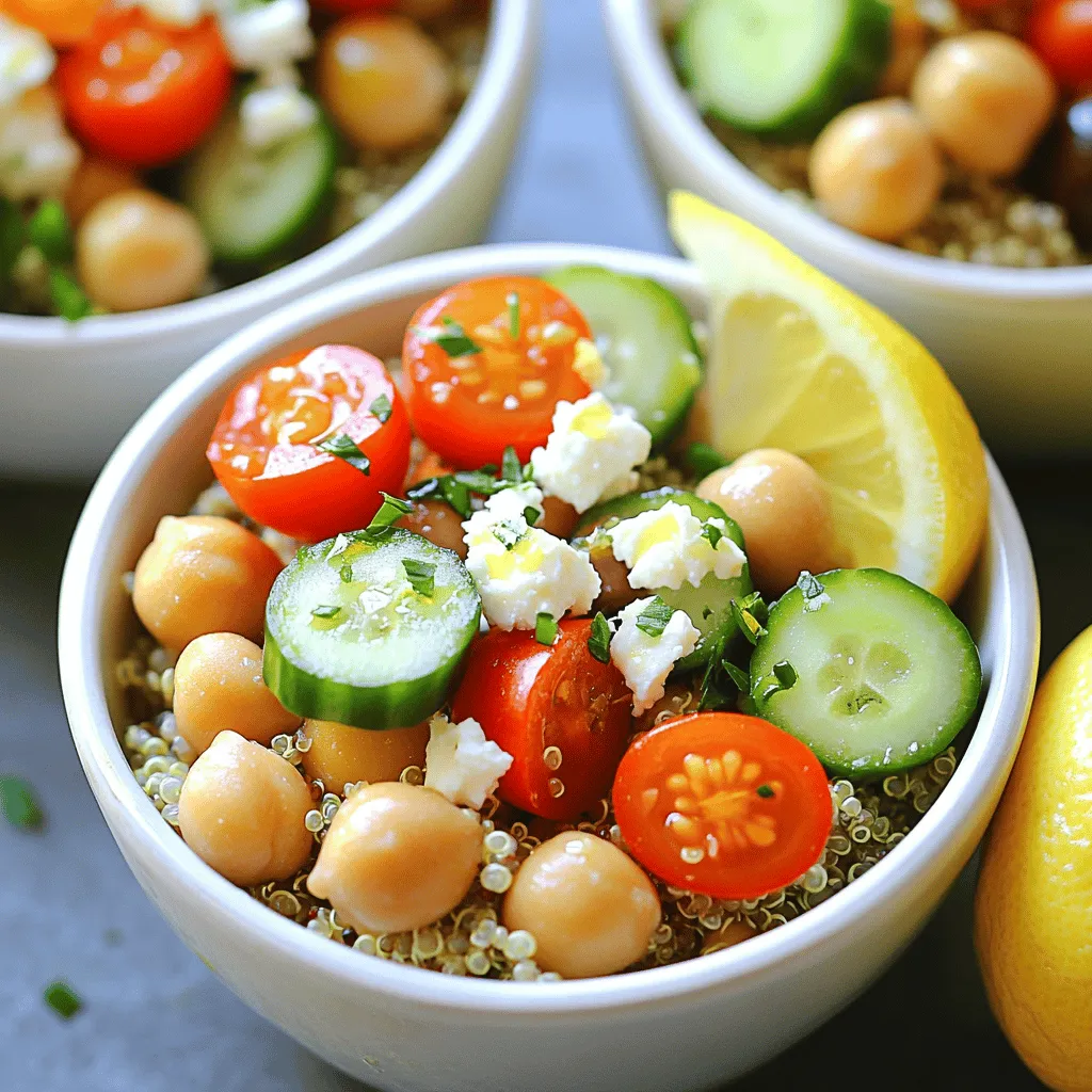 - 1 cup quinoa, rinsed - 2 cups vegetable broth or water - 1 can (15 oz) chickpeas, drained and rinsed - 1 cup cherry tomatoes, halved - 1 cucumber, diced - 1 bell pepper (red or yellow), diced - 1/4 red onion, finely chopped - 1/2 cup Kalamata olives, pitted and sliced - 1/2 cup feta cheese, crumbled (optional) - 1/4 cup fresh parsley, chopped - 1/4 cup olive oil - 3 tablespoons lemon juice - 1 teaspoon dried oregano To make a tasty Mediterranean quinoa bowl, gather these fresh, vibrant ingredients. Quinoa serves as the base, offering protein and fiber. Chickpeas add more protein and a satisfying texture. Fresh vegetables like cherry tomatoes, cucumber, and bell pepper bring color and crunch. Kalamata olives add a briny flavor, while feta cheese gives a creamy touch. Olive oil and lemon juice create a bright dressing that ties everything together. Dried oregano enhances the dish with its aromatic notes. For the full recipe, check the earlier section. These ingredients combine to create a balanced and nourishing meal. Each bite is a burst of flavor, making it a favorite for many. Enjoy making your Mediterranean quinoa bowls! To start, you need to cook the quinoa. First, combine 1 cup of rinsed quinoa with 2 cups of vegetable broth in a medium pot. This broth adds great flavor. Bring it to a boil over medium-high heat. Once it boils, reduce the heat to low. Cover the pot and let it simmer for about 15 minutes. You want the quinoa to absorb all the liquid. After that, remove the pot from heat and let it sit covered for another 5 minutes. This resting time makes the quinoa fluffy. While the quinoa cooks, you can prepare the dressing. In a small bowl, whisk together 1/4 cup of olive oil, 3 tablespoons of lemon juice, 1 teaspoon of dried oregano, and a pinch of salt and pepper. This dressing gives the bowl a bright and fresh taste. Set it aside for later. Now, it’s time to mix everything. In a large bowl, add 1 can of drained and rinsed chickpeas, 1 cup of halved cherry tomatoes, 1 diced cucumber, 1 diced bell pepper, and 1/4 finely chopped red onion. These veggies add color and crunch. Fluff the quinoa with a fork and add it to this vegetable mixture. Mix it all together well. Next, drizzle your prepared dressing over the bowl. Toss everything gently to coat the ingredients. If you like, sprinkle 1/2 cup of crumbled feta cheese and 1/4 cup of chopped fresh parsley on top. These add extra flavor and a nice finish. Your Mediterranean quinoa bowl is now ready to enjoy! For the full recipe, check out the complete instructions above. - Use vegetable broth for extra flavor. It makes the quinoa taste great. - Let quinoa rest after cooking for better texture. This step helps it fluff up. - Layer ingredients for a colorful appearance. Bright colors make the meal more fun. - Serve with lemon wedges for added brightness. A squeeze of lemon boosts flavor. - Experiment with fresh herbs for a unique twist. Herbs like basil or mint can change the dish. - Adjust seasoning to taste for a customized flavor profile. Everyone likes different amounts of salt and pepper. I love how these tips can help you make your Mediterranean quinoa bowls even better. For the full recipe, check out the section above. {{image_2}} You can switch chickpeas for grilled chicken or shrimp. These options add a nice flavor boost. Grilled chicken gives a smoky taste, while shrimp adds sweetness. Both are great choices for a filling meal. You can also toss in roasted vegetables. They not only add nutrients but also flavor. Roasted bell peppers, zucchini, or carrots work well here. For a creamy touch, try a yogurt-based dressing. It adds a rich texture without being heavy. You can mix plain yogurt with lemon juice and herbs for a fresh taste. If you're looking for something tangy, use balsamic vinegar. It brings a sweet-sour balance that pairs nicely with the quinoa. Make your quinoa bowl unique by using seasonal vegetables. Fresh, in-season produce tastes better and is full of nutrients. Look for local farmer’s markets to find fresh options. You can also add nuts or seeds for extra crunch. Almonds, walnuts, or pumpkin seeds add texture and healthy fats. Explore these variations to mix and match flavors in your Mediterranean quinoa bowls. For the complete list of flavors and steps, check out the Full Recipe. To keep your Mediterranean quinoa bowls fresh, store them in an airtight container in the refrigerator. They taste best when eaten within 3-5 days. This helps maintain their flavor and texture. If you want to save some for later, freeze portions in individual containers. This way, you can enjoy them anytime. When you're ready to eat, thaw the container in the refrigerator. This method preserves the dish’s quality. Leftover quinoa bowls can taste just as good! Add a splash of fresh lemon juice or a drizzle of dressing before serving. This brightens the flavors. You can also mix in fresh vegetables to refresh the dish. It’s an easy way to bring life back to your meal. Yes, you can make these bowls ahead of time. Prepare the quinoa and toppings separately. When you are ready to serve, simply combine them in a bowl. This keeps everything fresh and tasty. Yes, quinoa is naturally gluten-free. It is a great choice for anyone on a gluten-free diet. You can enjoy it without worry. You can get creative with toppings! Consider adding: - Avocado - Roasted red peppers - Artichokes These options add flavor and texture to your bowl. Cooked quinoa stays good for about 4-5 days in the fridge. Just store it in an airtight container. This way, you can enjoy it throughout the week. For a full recipe, check the Mediterranean quinoa bowls section. In this post, we explored how to make a tasty Mediterranean quinoa bowl. We covered the main ingredients, like quinoa and chickpeas, and fresh vegetables, plus flavor enhancers like olives and dressing. I shared tips for cooking and presentation, as well as variations and storage info. These bowls are flexible and simple, perfect for meal prep. Create your own version using seasonal veggies or proteins. Enjoy experimenting with flavors. With these easy steps, you can make a nutritious meal that suits your tastes. Happy cooking!
