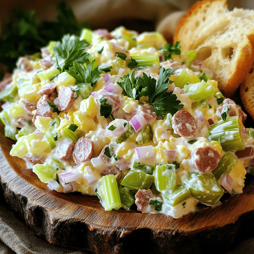 To make bologna salad, gather these simple items: - 1 pound bologna, diced - 1 cup mayonnaise - 1/2 cup sour cream - 1 cup celery, finely chopped - 1/2 cup dill pickles, finely chopped - 1/4 cup green bell pepper, finely chopped - 1/4 cup red onion, finely chopped - Salt and pepper to taste - 1 tablespoon Dijon mustard - 1 tablespoon fresh parsley, chopped (for garnish) Choosing the best ingredients makes your bologna salad taste even better. Here are my tips: - Bologna: Look for a brand with high-quality meat. Avoid ones with fillers. - Mayonnaise: Use a creamy, rich brand for the best flavor. - Sour Cream: Select full-fat sour cream for a rich texture. - Celery: Choose bright green, crisp stalks. Avoid wilted or brown ends. - Dill Pickles: Pickles should be firm, not soft. Look for bright color. - Peppers and Onions: Choose fresh, vibrant colors. Avoid any soft spots. - Parsley: Fresh parsley should smell good and feel soft. This bologna salad offers a balanced mix of flavors and nutrients. Here’s a quick look at what you get per serving: - Calories: Approximately 250 - Protein: 8 grams - Fat: 20 grams - Carbohydrates: 10 grams - Fiber: 1 gram - Sodium: About 600 mg This salad is a fun way to enjoy bologna with a fresh twist. For the complete recipe, check the [Full Recipe]. To make bologna salad, gather your ingredients first. You need bologna, mayo, sour cream, celery, pickles, bell pepper, and onion. These ingredients come together to create a fresh and tasty dish. The prep is quick and easy. 1. Start by taking a large mixing bowl. Add the diced bologna, mayonnaise, and sour cream. Mix them well until they blend nicely. 2. Next, chop the celery, dill pickles, green bell pepper, and red onion. Add these to the bowl. Stir everything together thoroughly. Make sure each bite has the right mix of flavors. 3. Now, season your salad. Add salt, pepper, and Dijon mustard. Taste the mixture and adjust the seasoning if needed. 4. Cover the bowl with plastic wrap. Refrigerate for at least one hour. This helps the flavors meld together. 5. When it’s time to serve, give the salad another stir. Check the seasoning one last time. 6. Spoon the salad onto a serving platter or into bowls. Garnish with fresh parsley for a nice touch. Serve the bologna salad with crusty bread or crunchy crackers. This pair adds texture and extra flavor. You can also put it on a sandwich for a hearty meal. Enjoy the fresh and flavorful delight! For the full recipe, check out the detailed steps above. When making bologna salad, avoid using stale ingredients. Fresh bologna makes a big difference. Over-mixing can turn the salad mushy. Mix just enough to combine all ingredients. Don't skip chilling time. It allows flavors to blend well. To boost flavors, try adding garlic powder or smoked paprika. A squeeze of lemon juice can brighten the dish. Fresh herbs like dill or chives add a nice touch. Consider using spicy mustard for a kick. Taste as you go, and adjust seasoning for balance. Always start with a big bowl. This gives you room to mix without spills. Layer ingredients rather than dumping them all at once. This helps with even mixing. Use a spatula to fold ingredients gently. This keeps the bologna salad light and fresh. For a final touch, add parsley before serving. It adds color and freshness to each bite. For the complete recipe, check out the Full Recipe section. {{image_2}} You can easily change the bologna salad to fit your taste. Try using turkey or chicken bologna. This will give a lighter flavor. You can also use tofu for a vegetarian option. You can even swap mayonnaise for Greek yogurt for a healthier twist. Feel free to add items you enjoy! Chopped apples add a sweet crunch. You can also mix in shredded carrots for color and texture. For a spicy kick, add jalapeños or a dash of hot sauce. If you want a fresh twist, try adding diced avocado or fresh herbs. The way you serve the bologna salad can change the meal. You can scoop it onto bread for a tasty sandwich. Use crusty bread or soft rolls for a nice touch. If you prefer something lighter, serve it in a bowl as a salad. This works well on a warm day. Pair it with crackers for an easy snack. To keep your bologna salad fresh, store it in an airtight container. This helps lock in flavors and keeps it safe. Make sure to cover the container tightly. Avoid letting air in, as it can make the salad spoil faster. Always use a clean spoon to serve to prevent cross-contamination. Bologna salad lasts about 3 to 5 days in the fridge. Check for any off smells or changes in texture before eating. If you notice anything strange, it’s safer to toss it out. Always date your container to keep track of how long it has been stored. Most of the time, I recommend serving bologna salad cold. It tastes best that way! If you prefer a warm dish, you can gently heat it in the microwave. Just be careful not to overheat it. Stir it well and check the temperature. If you want to add a twist, try it on a toasted sandwich or a bed of greens. You can find the full recipe for this bologna salad to enjoy at home. Bologna salad has roots in classic American cooking. It became popular during the mid-20th century. Back then, it was a quick and easy dish for busy families. People loved its creamy texture and savory taste. Many used leftover bologna from meals, making it a frugal option. Over time, each family added their spin, creating many versions. It remains a beloved dish at picnics and gatherings. Yes, you can make bologna salad ahead of time. In fact, it tastes better after sitting in the fridge. I recommend making it a few hours before serving. This allows the flavors to blend well. Just cover it tightly in plastic wrap or a container. It will stay fresh and tasty for your event. Bologna salad is great on its own, but you can add fun sides. Here are some ideas: - Crusty bread or rolls - Crackers - Fresh veggie sticks - Potato chips - A light green salad These sides pair well and make the meal more fun. Homemade bologna salad lasts about 3 to 5 days in the fridge. Store it in a sealed container to keep it fresh. Always check for signs of spoilage, like an off smell or change in texture. If it looks or smells bad, it's best to throw it away. Enjoy your bologna salad while it's still fresh! This blog post covered key elements of making bologna salad. We looked at ingredients, preparation steps, and helpful tips. You learned about common mistakes to avoid and ideas for tasty variations. Proper storage and shelf life guidance can keep your salad fresh. With these insights, you can enjoy a delicious bologna salad, tailored to your taste. Remember to have fun while mixing your ingredients for a dish that stands out!