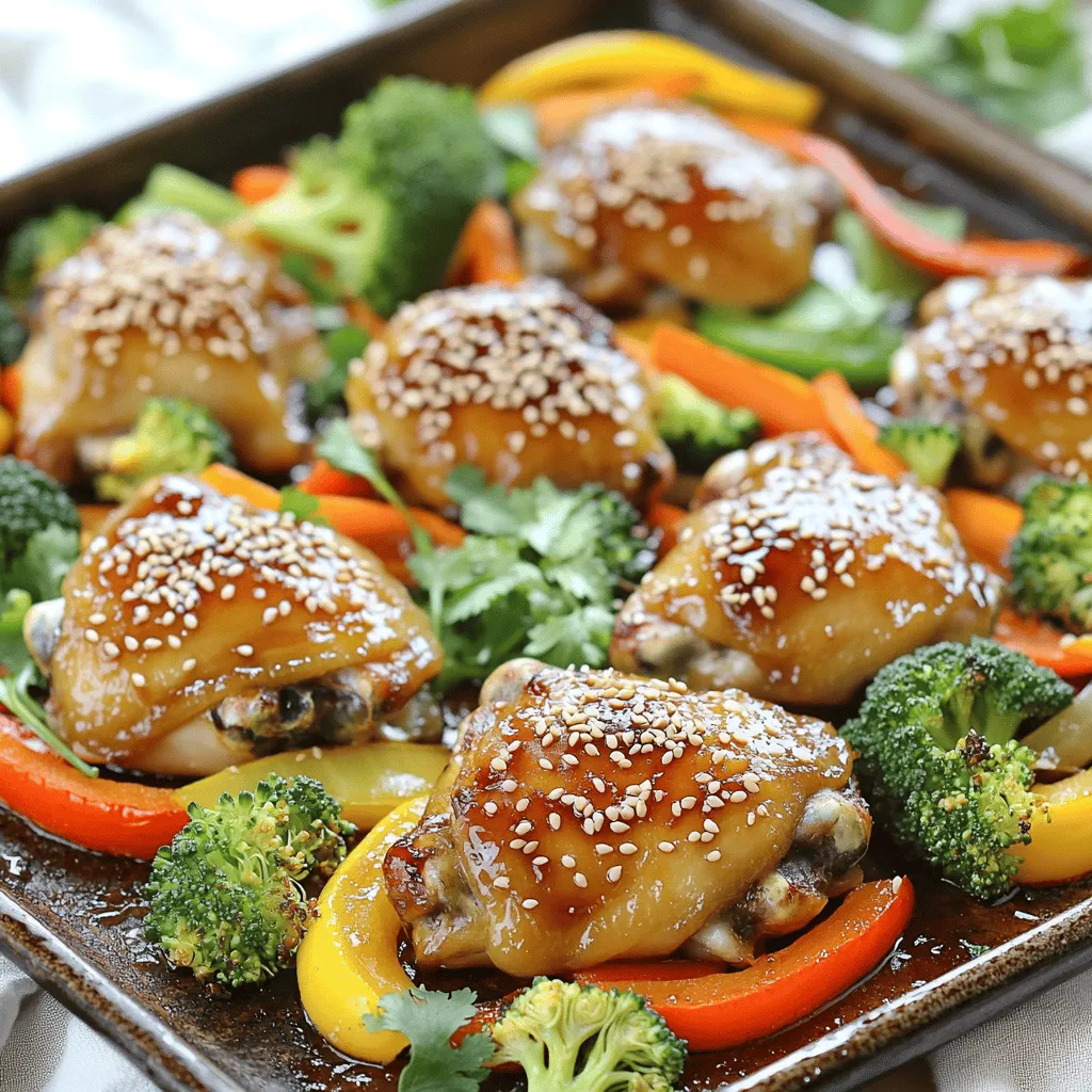 - 4 chicken thighs, bone-in and skin-on - 1/4 cup honey - 1/4 cup soy sauce (low sodium) - 2 tablespoons sesame oil - 3 cloves garlic, minced - 1 tablespoon fresh ginger, grated - 1 teaspoon black pepper - 1 teaspoon red pepper flakes (optional for heat) - 2 cups broccoli florets - 1 cup bell peppers, sliced (mixed colors) - 1 cup carrots, sliced into thin rounds - 1 tablespoon sesame seeds for garnish - Fresh cilantro or green onions for garnish