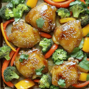 - 4 chicken thighs, bone-in and skin-on - 1/4 cup honey - 1/4 cup soy sauce (low sodium) - 2 tablespoons sesame oil - 3 cloves garlic, minced - 1 tablespoon fresh ginger, grated - 1 teaspoon black pepper - 1 teaspoon red pepper flakes (optional for heat) - 2 cups broccoli florets - 1 cup bell peppers, sliced (mixed colors) - 1 cup carrots, sliced into thin rounds - 1 tablespoon sesame seeds for garnish - Fresh cilantro or green onions for garnish