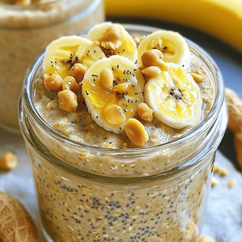 To make Peanut Butter Banana Overnight Oats, you will need the following ingredients: - 1 cup rolled oats - 2 cups almond milk (or milk of choice) - 2 ripe bananas, mashed - 3 tablespoons peanut butter (creamy or crunchy) - 2 tablespoons chia seeds - 1 tablespoon honey or maple syrup (optional for sweetness) - ½ teaspoon vanilla extract - A pinch of salt - Sliced bananas and crushed peanuts for topping These ingredients create a creamy, filling breakfast. Rolled oats provide fiber, while bananas add natural sweetness. Chia seeds give the oats a nice texture and boost nutrition. Peanut butter brings healthy fats and protein to the mix. You can adjust sweetness with honey or maple syrup if you like. I love how easy it is to customize this recipe. You can swap almond milk for any milk you enjoy. If you're not a fan of peanut butter, try almond or cashew butter instead. Just remember, this recipe is all about balance. Each ingredient plays a role in making your breakfast delicious and nutritious. You can find the complete preparation steps in the Full Recipe, which guides you to create this tasty dish effortlessly. - In a large bowl, combine the rolled oats, almond milk, mashed bananas, chia seeds, and peanut butter. - If you want extra sweetness, add honey or maple syrup. Mix well until everything is fully combined. - Divide the mixture into two or three airtight containers or jars. Leave some space at the top for expansion. - Cover each container tightly and refrigerate overnight. You can also soak for at least 4 hours. - Soaking is key. It allows the oats and chia seeds to absorb the milk. This makes the oats creamy and easy to eat. - In the morning, give the oats a good stir. If they seem thick, add a splash more almond milk. - Top each serving with sliced bananas and crushed peanuts. This adds a nice crunch and makes it more fun to eat. For the Full Recipe, refer to the details above. - Dairy-free alternatives: You can use almond milk, coconut milk, or oat milk. They all work well. If you want creaminess, coconut milk is great. - Natural sweeteners: Use honey, maple syrup, or agave. They add sweetness without refined sugar. You can also skip sweeteners if your bananas are very ripe. - Adjusting liquid levels: If your oats are too thick, add more almond milk. Start with a splash and stir. If it’s too runny, add more oats. - Ideal soaking time: Soak your oats for at least 4 hours. Overnight is best. This lets the oats absorb the liquid and flavors. - Making ahead for busy mornings: Prepare these oats the night before. They save you time in the morning. Just grab a jar and enjoy! - Storing in jars for grab-and-go: Use airtight jars or containers. They keep the oats fresh and easy to take with you. You can even top them with your favorite fruits in the morning. For the complete recipe, check out the Full Recipe. {{image_2}} You can easily boost the flavor of your peanut butter banana overnight oats. Adding cocoa powder or chocolate chips gives it a rich taste. Just one tablespoon of cocoa powder can change the game. Chocolate chips add sweetness and fun. Try a handful to see how you like it. You can also spice things up with cinnamon or nutmeg. A sprinkle of cinnamon brings warmth and depth. Nutmeg adds a hint of earthiness. These spices work well with the bananas and peanut butter. If you want to switch it up, try different nut butters. Almond butter adds a nutty flavor and creamy texture. Cashew butter is another great option, offering a softer taste. Each nut butter changes the dish and keeps it fresh. You can even mix and match butters for a unique blend. Fruits can make your overnight oats even better. You can add berries for a burst of color and flavor. Strawberries, blueberries, or raspberries pair well with peanut butter. Apples also work great, adding crunch and sweetness. Dried fruits like raisins or cranberries give chewiness and extra taste. Experiment with different fruits to find your favorite mix. For the full recipe, check out the Peanut Butter Banana Bliss Overnight Oats. Peanut Butter Banana Overnight Oats stay fresh in the fridge for about 3 to 5 days. Keep them in airtight containers for the best results. You will know they are spoiled if you see mold or if they smell off. Always check before eating! Yes, you can freeze overnight oats! This is a great way to prep meals. To freeze, divide the oats into portion-sized containers. Leave a bit of space at the top, as they will expand. When ready to eat, thaw them in the fridge overnight. If you prefer warm oats, it's easy to reheat them. Add a splash of almond milk and microwave in short bursts, stirring in between. This helps them heat evenly. You can also warm them on the stove over low heat. Enjoy them fresh and warm, if you like! To make Peanut Butter Banana Overnight Oats, you start by mixing the ingredients. Gather your bowl and add: - 1 cup rolled oats - 2 cups almond milk (or milk of choice) - 2 ripe bananas, mashed - 3 tablespoons peanut butter - 2 tablespoons chia seeds - ½ teaspoon vanilla extract - A pinch of salt Mix everything until smooth. If you like it sweeter, add honey or maple syrup. Once mixed, divide the oats into jars. Cover them, then put them in the fridge overnight. This process lets the oats soak up the milk and flavors. Enjoy them the next morning with sliced bananas and crushed peanuts on top. You can find the full recipe at the end of this article. Yes, you can easily make these oats vegan. Just swap the honey for maple syrup or agave nectar. Use any plant-based milk like almond, soy, or oat milk. The peanut butter you choose should be vegan as well. Most peanut butters are vegan, just check the label. Peanut Butter Banana Overnight Oats are packed with nutrition. They offer a good mix of carbs, protein, and healthy fats. Each serving contains fiber from oats and chia seeds, which is great for digestion. The bananas add natural sweetness and potassium. Overall, this dish can be around 350 calories per serving, depending on your ingredient choices. It's a filling and healthy way to start your day! You can use quick oats, but the texture will change. Quick oats cook faster and become mushy when soaked. Rolled oats are thicker and hold their shape better. If you want a chewy texture, stick with rolled oats. If you prefer a creamier dish, quick oats will work fine. Just adjust the soaking time to about 30 minutes if using quick oats. To wrap up, making Peanut Butter Banana Overnight Oats is simple and tasty. We covered the ingredients, preparation steps, and tips for perfect consistency. You can customize your oats with different flavors and storage options based on your needs. Enjoy these oats as a nutritious meal prep solution. Trust me, they save time and boost your mornings. Give them a try, and you’ll likely find a new favorite!