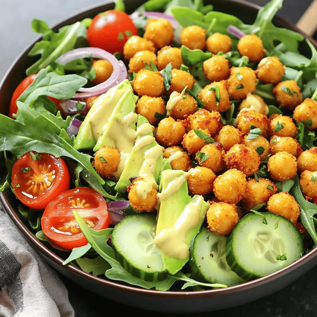 - 1 can (15 oz) chickpeas, drained and rinsed - 2 tablespoons olive oil - 1 teaspoon smoked paprika - Salt and pepper, to taste - 4 cups mixed salad greens (such as arugula, spinach, and romaine) - 1 cup cherry tomatoes, halved - 1/2 cucumber, diced - 1/4 red onion, thinly sliced - 1/2 avocado, sliced - 2 tablespoons tahini - Juice of 1 lemon - Fresh herbs (such as parsley or cilantro) for garnish I love how simple and fresh this crispy chickpea salad is. You get to enjoy great flavors and textures all in one bowl. Let’s break down these ingredients to understand their roles. First, the chickpeas serve as the star. They provide protein and fiber. The olive oil adds richness and helps the spices stick. Smoked paprika brings a warm, smoky flavor. Salt and pepper enhance everything, making each bite pop. Next, the salad base is where the magic happens. I like using a mix of greens. It adds depth and color. Cherry tomatoes give sweetness and juiciness. The cucumber adds crunch, while the red onion gives a bit of sharpness. Finally, the avocado adds creaminess. Now, for the dressing, tahini gives a nutty flavor that pairs well with lemon juice. The lemon adds brightness, making the salad feel light and fresh. Fresh herbs like parsley or cilantro provide a fresh finish. You can find the full recipe [here](#) to make this delightful dish at home. The balance of flavors and textures makes this salad a go-to for any meal! - Preheat oven to 400°F (200°C). - In a bowl, toss the drained chickpeas with: - 2 tablespoons olive oil - 1 teaspoon smoked paprika - 1/2 teaspoon garlic powder - Salt and pepper, to taste - Spread the seasoned chickpeas on a baking sheet in a single layer. - Roast for 25 to 30 minutes until golden brown and crispy. - Shake the pan halfway through for even cooking. - In a large bowl, mix: - 4 cups mixed salad greens (like arugula, spinach, and romaine) - 1 cup cherry tomatoes, halved - 1/2 cucumber, diced - 1/4 red onion, thinly sliced - In a small bowl, whisk together: - 2 tablespoons tahini - Juice of 1 lemon - A pinch of salt - A couple of tablespoons of water to create the dressing. - Once the chickpeas are crispy, add them to the salad. - Drizzle the tahini dressing over the top and gently toss to combine. - Top the salad with sliced avocado and garnish with fresh herbs. For the full recipe, check out the detailed instructions above. - Make sure chickpeas are completely dried before you toss them with oil and spices. - Use parchment paper on your baking sheet. This helps the chickpeas not stick. - You can change the tahini dressing thickness by adding water. This helps with creaminess. - Try adding spices like cumin or chili flakes for extra flavor. - Serve the salad in a big platter. This shows off the bright colors of the salad. - Add some extra roasted chickpeas on top. This gives extra crunch and looks lovely. For the complete recipe, check out the [Full Recipe]. Enjoy making your crispy chickpea salad! {{image_2}} You can change up the greens in your salad. Spinach, kale, or romaine all work well. If you want a creamier dressing, swap tahini for yogurt. This alters the flavor but keeps it tasty. To make your salad more filling, add grilled chicken or feta cheese. These ingredients add flavor and protein. You can also toss in black beans for a plant-based protein boost. For extra texture, add nuts or seeds. Almonds, walnuts, or sunflower seeds give a great crunch. Dried fruits like cranberries or raisins add a sweet twist. These small changes can elevate your dish. For the full recipe, check out the complete guide. Store leftover crispy chickpeas and salad separately. This keeps the chickpeas crispy. Place the salad in an airtight container. It stays fresh for up to 3 days. This way, you can enjoy it later without losing the crunch. When you're ready to serve, reheat the chickpeas in the oven. This brings back their crispiness. Bake them at 400°F for about 5-10 minutes. Just before serving, add fresh greens and dressing again. This keeps the salad vibrant and tasty. Freezing the salad is not recommended. The greens will wilt and lose their texture. However, you can freeze cooked chickpeas for later use. Just cook them, cool them, and store in a freezer bag. They can be a great addition to your next meal. Check the [Full Recipe] for more cooking tips! - Yes, but it's best to add the chickpeas just before serving to maintain their crunch. Storing the salad too long can make the chickpeas soft. If you want to prep ahead, chop the veggies and mix the dressing. Keep the chickpeas separate until you’re ready to eat. - Toss seasoned chickpeas in the air fryer for about 15-20 minutes at 400°F (200°C). Shake the basket halfway to ensure even cooking. This method gives you a quick, crispy texture without using the oven. Air frying is a great way to save time while still enjoying that crunch. - Sunflower seed butter or Greek yogurt can be excellent substitutes for tahini. Each option gives a different flavor and texture. Sunflower seed butter keeps it nut-free, while Greek yogurt adds creaminess. Feel free to experiment and find what you like best! You can enjoy a delicious, healthy salad packed with flavor. By using simple ingredients, like chickpeas and fresh veggies, you create a filling meal. The steps are easy to follow, ensuring crispy chickpeas and a creamy dressing. Feel free to get creative with your toppings or try new veggies. This dish is a great addition to any lunch or dinner. Remember, you can store leftovers for later, but keep the chickpeas separate for crunch. You’ll love making this salad as much as eating it!