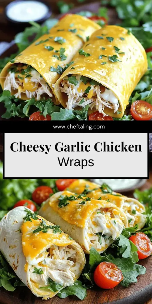 Indulge in the delightful flavors of Cheesy Garlic Chicken Wraps with this simple and delicious recipe. Perfect for weeknight dinners, these wraps unite shredded chicken, creamy cheeses, and fresh veggies all in one delicious bite. Whether you're busy or just want something tasty, these easy-to-make wraps are sure to impress. Click through to discover the full recipe and elevate your meal game today!