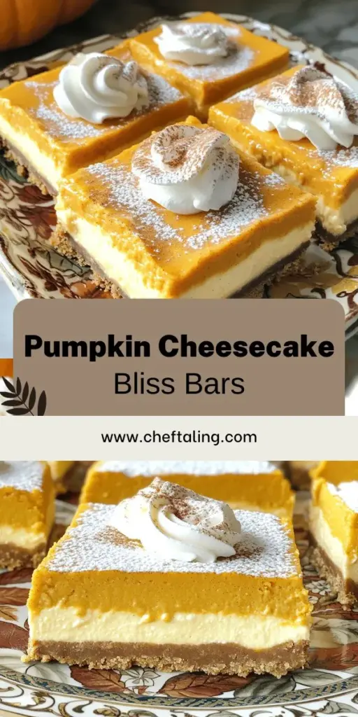 Get ready to indulge in the ultimate fall dessert with these rich and creamy Pumpkin Cheesecake Bars! This simple recipe combines smooth pumpkin with a buttery graham cracker crust, making it perfect for cozy nights or festive gatherings. Easy to make and utterly delicious, these bars are sure to impress friends and family. Click through to discover the full recipe and bring this delightful treat to your table today!