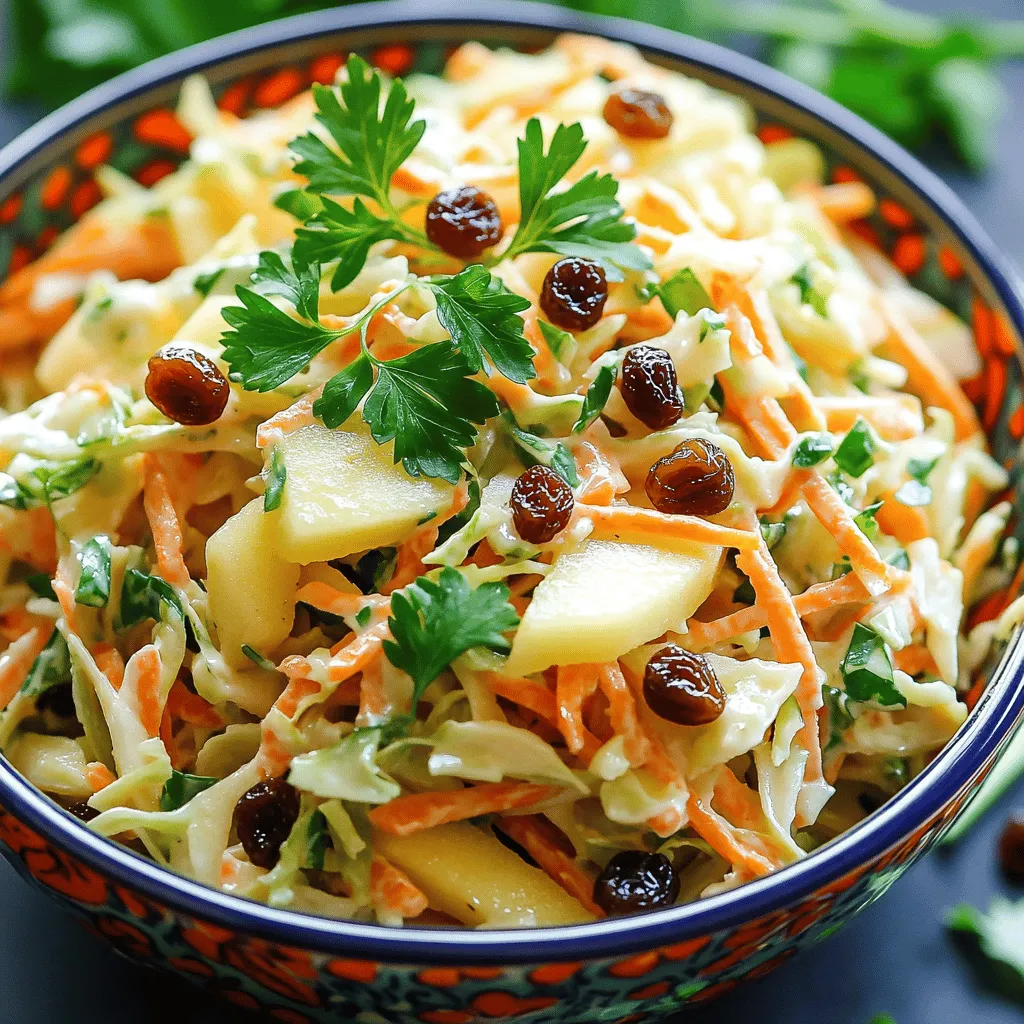 - 4 cups green cabbage, finely shredded - 2 large carrots, grated - 1 large apple, cored and shredded (preferably Granny Smith) - 1/2 cup raisins - 1/4 cup chopped fresh parsley