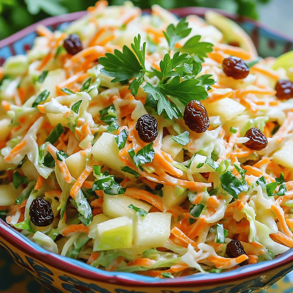 - 4 cups green cabbage, finely shredded - 2 large carrots, grated - 1 large apple, cored and shredded (preferably Granny Smith) - 1/2 cup raisins - 1/4 cup chopped fresh parsley