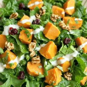 This creamy sweet potato salad is a great mix of flavors and textures. I love how sweet potatoes blend with fresh leafy greens. You get a warm, earthy taste from the sweet potatoes and a crisp bite from the greens.