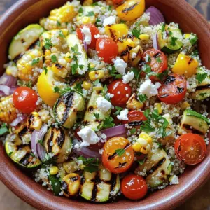 - 1 cup quinoa - 2 cups vegetable broth (or water) - 1 zucchini, sliced - 1 bell pepper (red or yellow), diced - 1 small red onion, sliced - 1 cup cherry tomatoes, halved - 1 cup corn kernels (fresh or frozen) - 3 tablespoons olive oil - 1 teaspoon smoked paprika - 1 teaspoon garlic powder - Salt and pepper to taste - 1/4 cup fresh parsley, chopped - 1/4 cup feta cheese, crumbled (optional) - Juice of 1 lemon