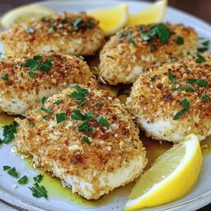 - 2 boneless, skinless chicken breasts - 1 cup panko breadcrumbs - 1 cup grated Parmesan cheese - 2 teaspoons garlic powder - 1 teaspoon Italian seasoning - Salt and pepper to taste - 1/2 cup all-purpose flour - 2 large eggs - 2 tablespoons olive oil - Fresh parsley, chopped (for garnish) - Lemon wedges (for serving)