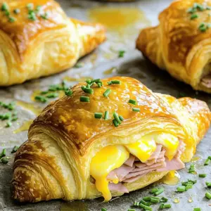 - 4 large croissants - 8 slices of smoked ham - 8 slices of Swiss cheese - ½ cup Dijon mustard - 1 tablespoon honey - ½ teaspoon garlic powder - ½ teaspoon black pepper - 1 egg, beaten (for egg wash) - Fresh chives, chopped (for garnish)