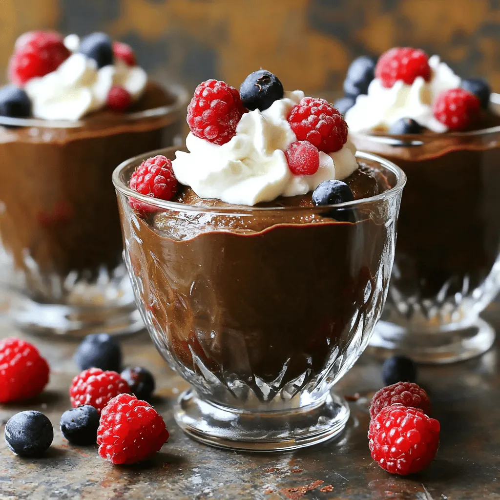 To make this rich and creamy delight, you need a few key ingredients: - 2 ripe avocados - 1/4 cup unsweetened cocoa powder - 1/4 cup honey or maple syrup (adjust for sweetness) - 1/2 cup almond milk (or any milk of choice) - 1 teaspoon vanilla extract - A pinch of sea salt Ripe avocados give the mousse a smooth texture. Cocoa powder adds rich chocolate flavor. Honey or maple syrup sweetens the mix. Almond milk keeps it creamy and light. Vanilla extract adds depth, while sea salt enhances the taste. Toppings can make your mousse even better. Here are some fun ideas: - Whipped coconut cream - Shaved dark chocolate - Fresh berries Adding toppings makes the dish look pretty and delicious. You can mix in nuts or a dash of espresso for extra flavor. If you have dietary needs, you can still enjoy this mousse. Here are some easy swaps: - Use agave syrup instead of honey for a vegan option. - Substitute coconut milk for almond milk if you're avoiding nuts. - For a lower-calorie option, try a sugar substitute like stevia. These simple changes keep the mousse tasty while meeting your needs. You can enjoy this dessert without worries! For the full recipe, check [Full Recipe]. Start by picking ripe avocados. They should feel soft but not mushy. Cut the avocados in half and remove the pits. Next, scoop out the creamy flesh with a spoon. Place the avocado flesh in your food processor or blender. This creamy base gives your mousse its rich texture. Now, add the unsweetened cocoa powder, honey or maple syrup, almond milk, and vanilla extract to the blender. Don’t forget the pinch of sea salt! Blend all these ingredients on medium speed. Keep an eye on the sides of the blender; scrape them down as needed. Blend until the mixture is smooth and creamy. Taste it! If you want it sweeter, add more honey or maple syrup. Blend again if you add anything. Once your mousse is silky, transfer it to a bowl or individual cups. Refrigerate for at least 30 minutes. This chilling time helps the mousse set. When you’re ready to serve, take it out of the fridge. Spoon it into serving dishes and top with your favorite garnishes. Try whipped coconut cream, shaved dark chocolate, or fresh berries for a tasty finish. For more details, check the Full Recipe. To get the best texture for your mousse, use ripe avocados. They should feel soft when you squeeze them gently. This will make the mousse creamy and smooth. I suggest blending everything at medium speed. If you notice lumps, keep blending until the mix is silky. Scrape down the sides of the blender to mix well. Sweetness is key to a great mousse. Start with 1/4 cup of honey or maple syrup. After blending, taste it. If you want it sweeter, just add more syrup. Blend again for a few seconds to mix. You can also add a dash of espresso or cinnamon for a flavor boost. This can deepen the chocolate taste and keep it interesting. Presentation makes your mousse look tempting. Use clear glass cups to show off its rich color. After you spoon the mousse into cups, add toppings. A dollop of whipped coconut cream looks great. You can also sprinkle cocoa powder or add fresh berries on top. These tips will make your mousse a feast for the eyes too! For the complete recipe, check out the Full Recipe for all the details you need. {{image_2}} You can easily make this mousse vegan. Use maple syrup instead of honey. Almond milk keeps it dairy-free, but you can choose other plant-based milks like oat or coconut milk. This way, you still enjoy a rich taste without animal products. Feel free to switch up the sweetener. Agave syrup or stevia works well. You can also add spices like cinnamon or nutmeg for extra flavor. For a twist, toss in a little espresso powder. It enhances the chocolate taste and adds depth. This mousse is great for any event. Serve it in small cups for a dinner party. For a casual treat, spoon it into bowls and top with berries. You can also layer it in a parfait with granola for breakfast or brunch. The options are endless! To store leftover mousse, place it in an airtight container. This keeps the mousse fresh and prevents it from absorbing smells from your fridge. Cover the surface with plastic wrap to keep air out. This extra step helps maintain its creamy texture. Use clean utensils when serving mousse. This helps avoid contamination. If you notice any browning on the surface, gently stir it before serving. The mousse is still safe to eat. To enjoy the best flavor, finish it within a few days. Chocolate avocado mousse lasts up to three days in the fridge. After that, the texture may change. If you want to keep it longer, consider freezing it. Thaw it in the fridge overnight before serving for best results. Yes, Chocolate Avocado Mousse is healthy. It uses avocados, which are full of good fats. These fats help your heart and keep you full. The cocoa powder adds antioxidants, which can help your body fight off sickness. Using honey or maple syrup instead of sugar gives a natural sweetness. This mousse is a great treat that is kind to your body. You can make this mousse ahead of time. It keeps well in the fridge for about three days. This makes it perfect for parties or busy days. Just store it in a sealed container. When you're ready to serve, you can add your toppings. This way, you save time and still impress your guests. Avocado is great in desserts for many reasons. It adds a creamy texture that feels rich without heavy cream. Avocado is full of vitamins like E and K, which are good for your skin. It also has fiber, which helps with digestion. Plus, using avocado in sweets makes them healthier. You can enjoy dessert while still caring for your body. In this article, we explored how to make a delicious chocolate avocado mousse. We covered the main ingredients and some toppings to enhance flavor. I shared easy steps for preparation, chilling, and serving. You learned tips for texture and sweetness, along with fun variations to try. Finally, I explained how to store leftovers and answered common questions. Enjoy making this treat, knowing it's both tasty and healthy.