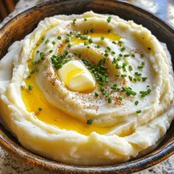 - 2 pounds russet potatoes - 4 cloves garlic - ½ cup unsalted butter - 1 cup heavy cream - ½ cup sour cream - Salt and pepper - 1 tablespoon fresh chives (for garnish) - 1 teaspoon paprika (for a smoky flavor) To make creamy garlic mashed potatoes, you need simple yet key ingredients. The russet potatoes are perfect. They have a fluffy texture that mashes well. Garlic adds a rich, savory flavor that elevates the dish. Unsalted butter gives the potatoes a smooth, buttery taste. Heavy cream and sour cream create a luxurious creaminess. Feel free to adjust the flavor with salt and pepper. Add fresh chives for a pop of color and taste. Paprika gives a smoky twist, if you like. Each ingredient adds a layer of flavor, making each bite delicious. For the full recipe, check out the details on how to prepare this comforting dish! Boiling the Potatoes Start by peeling and dicing 2 pounds of russet potatoes. Place them in a large pot. Cover the potatoes with cold water. Add a pinch of salt to enhance flavor. Bring the pot to a boil over high heat. Cook the potatoes for about 15 to 20 minutes. They are done when a fork easily goes in. Draining and Steaming the Potatoes Once the potatoes are fork-tender, drain them in a colander. Return the drained potatoes to the pot. Let them sit for a minute. This helps steam off extra moisture. Sautéing Instructions In a small saucepan, melt ¼ cup of unsalted butter over medium heat. Add 4 cloves of minced garlic to the pan. Sauté until fragrant, usually about 1 to 2 minutes. Be careful to keep an eye on the garlic. Tips for Avoiding Burnt Garlic To prevent burnt garlic, do not cook it too long. Stir it often and remove it from heat right when it smells good. Burnt garlic can ruin the flavor of your dish. How to Achieve the Perfect Creamy Consistency Take a potato masher or ricer to mash the potatoes. Mash until they are smooth and creamy. Avoid over-mashing, as this can make them gummy. Mixing in Additional Ingredients Add the sautéed garlic, the remaining butter, 1 cup of heavy cream, and ½ cup of sour cream to the mashed potatoes. Stir everything together well. Make sure all the ingredients mix fully. Taste and add salt and pepper as needed. If you want, sprinkle in 1 teaspoon of paprika for a smoky touch. For the complete recipe, check out the [Full Recipe]. To get the creamiest garlic mashed potatoes, use the right tools. A potato ricer gives a smooth texture. If you don’t have one, a regular potato masher works too. Just be sure to mash gently to avoid lumps. Heating dairy ingredients is key. Warm butter and cream mix better with potatoes. Cold dairy can make the potatoes dense. So, warm your butter on low heat and warm the cream before mixing. This little step makes a big difference. Seasoning is very important. Start with salt while boiling the potatoes. This helps flavor them from the inside out. After mashing, taste and adjust with more salt and pepper. You can also sprinkle in some paprika for a smoky touch. Choosing the right potatoes matters too. Russet potatoes are perfect for mashing. They are starchy and fluffy. Yukon Gold potatoes are also a great choice. They add a buttery flavor and creamy texture. Creamy garlic mashed potatoes go well with many dishes. They pair nicely with roasted chicken or grilled steak. You can also serve them with a rich mushroom gravy for added flavor. For garnishing, fresh chives are my favorite. They add a nice pop of color and light onion flavor. You can also sprinkle some paprika on top for a pretty touch. Want to impress? Try adding crispy bacon bits or sautéed mushrooms as a topping. For the full recipe, check out the section above! {{image_2}} When making creamy garlic mashed potatoes, the type of potato matters. I often use russet potatoes. They are starchy and mash well. Yukon Gold potatoes are another great choice. They have a buttery flavor and creamy texture. You can even switch to sweet potatoes for a unique twist. Sweet potatoes add a nice sweetness that pairs well with garlic. To enhance the taste, try adding cheese. Cream cheese or cheddar makes the dish richer. You can also mix in different herbs and spices. Fresh thyme or rosemary works well with garlic. A pinch of nutmeg can add warmth. Don’t be afraid to get creative with flavors. For those who want vegan options, replace butter with olive oil. Use coconut cream instead of heavy cream. This keeps the dish rich without dairy. If you need a gluten-free dish, you’re in luck! This recipe is naturally gluten-free. Just ensure all ingredients meet your dietary needs. For the full recipe, check out the details above! To keep your creamy garlic mashed potatoes fresh, store them properly. Here are some tips: - Refrigeration Tips: Allow your mashed potatoes to cool slightly. Transfer them to an airtight container. They will last for 3-5 days in the fridge. When ready to eat, check for any off smells or changes in texture. - Freezing Instructions: For longer storage, freeze your mashed potatoes. Place them in a freezer-safe container or bag. Label it with the date. They will stay good for up to 2 months. When you’re ready to use them, thaw them in the fridge overnight. When reheating mashed potatoes, you have a few options. Each method offers different benefits: - Microwaving vs. Stovetop: The microwave is quick but may dry them out. The stovetop is slower but helps keep the creaminess. If using the microwave, heat in short bursts and stir often. For stovetop, add a splash of heavy cream and heat gently. - Tips for Preserving Creaminess When Reheating: To keep them creamy, add a little butter or cream while reheating. Stir well to mix. This will help restore their smooth texture. Enjoy your creamy garlic mashed potatoes even after storage! For the full recipe, check out the details above. The best types of potatoes for mashed potatoes are russet and Yukon Gold. - Russet Potatoes: - High starch content. - Fluffy and light texture. - Absorb butter and cream well. - Yukon Gold Potatoes: - Medium starch content. - Creamy and buttery texture. - Naturally yellow color adds appeal. Both types yield great results. Choose russet for fluffiness and Yukon Gold for creaminess. You can make your mashed potatoes fluffier with a few easy techniques. - Use a Potato Ricer: - This tool creates a light and airy texture. - Avoids lumps better than a masher. - Heat Your Dairy: - Warm your butter and cream before mixing. - This helps potatoes stay fluffy. - Do Not Overmix: - Mix just until combined. - Overmixing can make them gummy. These tips will ensure your mashed potatoes are soft and light. Yes, you can prepare mashed potatoes ahead of time. - Make-Ahead Tips: - Prepare and mash the potatoes. - Store them in an airtight container in the fridge. - Serving Fresh: - Reheat on the stove with a splash of cream. - Stir gently to keep the texture creamy. Doing this makes mealtime easier without losing flavor. If your mashed potatoes are gummy, don't worry! You can fix them. - Add Liquid: - Stir in warm milk or cream. - This can help restore some creaminess. - Re-Mash: - Use a ricer or a mixer for a lighter texture. - This helps break up the gummy parts. - Avoid Overcooking: - Be careful not to overcook the potatoes. - This can cause a gummy texture. These steps will help you enjoy smooth and creamy mashed potatoes again. Creamy garlic mashed potatoes are a delicious side dish. We covered the main ingredients like russet potatoes and garlic. I shared steps to prep, cook, and mash for perfect texture. Tips for extra flavor and variations make it fun to try new things. Don't forget storage methods and reheating tips for later. Experiment with flavors and make this dish your own. Enjoy creating creamy mashed potatoes that everyone will love!