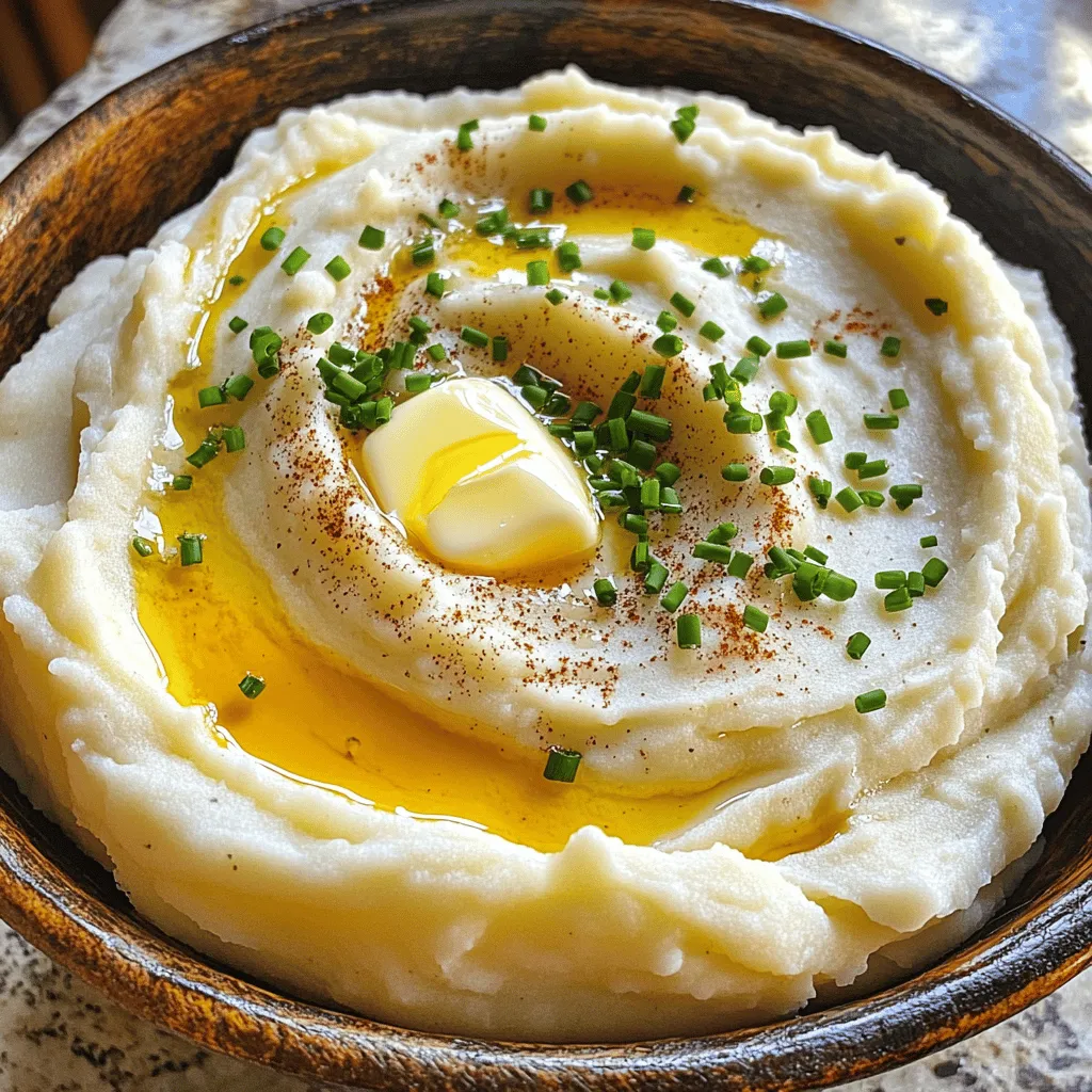 - 2 pounds russet potatoes - 4 cloves garlic - ½ cup unsalted butter - 1 cup heavy cream - ½ cup sour cream - Salt and pepper - 1 tablespoon fresh chives (for garnish) - 1 teaspoon paprika (for a smoky flavor) To make creamy garlic mashed potatoes, you need simple yet key ingredients. The russet potatoes are perfect. They have a fluffy texture that mashes well. Garlic adds a rich, savory flavor that elevates the dish. Unsalted butter gives the potatoes a smooth, buttery taste. Heavy cream and sour cream create a luxurious creaminess. Feel free to adjust the flavor with salt and pepper. Add fresh chives for a pop of color and taste. Paprika gives a smoky twist, if you like. Each ingredient adds a layer of flavor, making each bite delicious. For the full recipe, check out the details on how to prepare this comforting dish! Boiling the Potatoes Start by peeling and dicing 2 pounds of russet potatoes. Place them in a large pot. Cover the potatoes with cold water. Add a pinch of salt to enhance flavor. Bring the pot to a boil over high heat. Cook the potatoes for about 15 to 20 minutes. They are done when a fork easily goes in. Draining and Steaming the Potatoes Once the potatoes are fork-tender, drain them in a colander. Return the drained potatoes to the pot. Let them sit for a minute. This helps steam off extra moisture. Sautéing Instructions In a small saucepan, melt ¼ cup of unsalted butter over medium heat. Add 4 cloves of minced garlic to the pan. Sauté until fragrant, usually about 1 to 2 minutes. Be careful to keep an eye on the garlic. Tips for Avoiding Burnt Garlic To prevent burnt garlic, do not cook it too long. Stir it often and remove it from heat right when it smells good. Burnt garlic can ruin the flavor of your dish. How to Achieve the Perfect Creamy Consistency Take a potato masher or ricer to mash the potatoes. Mash until they are smooth and creamy. Avoid over-mashing, as this can make them gummy. Mixing in Additional Ingredients Add the sautéed garlic, the remaining butter, 1 cup of heavy cream, and ½ cup of sour cream to the mashed potatoes. Stir everything together well. Make sure all the ingredients mix fully. Taste and add salt and pepper as needed. If you want, sprinkle in 1 teaspoon of paprika for a smoky touch. For the complete recipe, check out the [Full Recipe]. To get the creamiest garlic mashed potatoes, use the right tools. A potato ricer gives a smooth texture. If you don’t have one, a regular potato masher works too. Just be sure to mash gently to avoid lumps. Heating dairy ingredients is key. Warm butter and cream mix better with potatoes. Cold dairy can make the potatoes dense. So, warm your butter on low heat and warm the cream before mixing. This little step makes a big difference. Seasoning is very important. Start with salt while boiling the potatoes. This helps flavor them from the inside out. After mashing, taste and adjust with more salt and pepper. You can also sprinkle in some paprika for a smoky touch. Choosing the right potatoes matters too. Russet potatoes are perfect for mashing. They are starchy and fluffy. Yukon Gold potatoes are also a great choice. They add a buttery flavor and creamy texture. Creamy garlic mashed potatoes go well with many dishes. They pair nicely with roasted chicken or grilled steak. You can also serve them with a rich mushroom gravy for added flavor. For garnishing, fresh chives are my favorite. They add a nice pop of color and light onion flavor. You can also sprinkle some paprika on top for a pretty touch. Want to impress? Try adding crispy bacon bits or sautéed mushrooms as a topping. For the full recipe, check out the section above! {{image_2}} When making creamy garlic mashed potatoes, the type of potato matters. I often use russet potatoes. They are starchy and mash well. Yukon Gold potatoes are another great choice. They have a buttery flavor and creamy texture. You can even switch to sweet potatoes for a unique twist. Sweet potatoes add a nice sweetness that pairs well with garlic. To enhance the taste, try adding cheese. Cream cheese or cheddar makes the dish richer. You can also mix in different herbs and spices. Fresh thyme or rosemary works well with garlic. A pinch of nutmeg can add warmth. Don’t be afraid to get creative with flavors. For those who want vegan options, replace butter with olive oil. Use coconut cream instead of heavy cream. This keeps the dish rich without dairy. If you need a gluten-free dish, you’re in luck! This recipe is naturally gluten-free. Just ensure all ingredients meet your dietary needs. For the full recipe, check out the details above! To keep your creamy garlic mashed potatoes fresh, store them properly. Here are some tips: - Refrigeration Tips: Allow your mashed potatoes to cool slightly. Transfer them to an airtight container. They will last for 3-5 days in the fridge. When ready to eat, check for any off smells or changes in texture. - Freezing Instructions: For longer storage, freeze your mashed potatoes. Place them in a freezer-safe container or bag. Label it with the date. They will stay good for up to 2 months. When you’re ready to use them, thaw them in the fridge overnight. When reheating mashed potatoes, you have a few options. Each method offers different benefits: - Microwaving vs. Stovetop: The microwave is quick but may dry them out. The stovetop is slower but helps keep the creaminess. If using the microwave, heat in short bursts and stir often. For stovetop, add a splash of heavy cream and heat gently. - Tips for Preserving Creaminess When Reheating: To keep them creamy, add a little butter or cream while reheating. Stir well to mix. This will help restore their smooth texture. Enjoy your creamy garlic mashed potatoes even after storage! For the full recipe, check out the details above. The best types of potatoes for mashed potatoes are russet and Yukon Gold. - Russet Potatoes: - High starch content. - Fluffy and light texture. - Absorb butter and cream well. - Yukon Gold Potatoes: - Medium starch content. - Creamy and buttery texture. - Naturally yellow color adds appeal. Both types yield great results. Choose russet for fluffiness and Yukon Gold for creaminess. You can make your mashed potatoes fluffier with a few easy techniques. - Use a Potato Ricer: - This tool creates a light and airy texture. - Avoids lumps better than a masher. - Heat Your Dairy: - Warm your butter and cream before mixing. - This helps potatoes stay fluffy. - Do Not Overmix: - Mix just until combined. - Overmixing can make them gummy. These tips will ensure your mashed potatoes are soft and light. Yes, you can prepare mashed potatoes ahead of time. - Make-Ahead Tips: - Prepare and mash the potatoes. - Store them in an airtight container in the fridge. - Serving Fresh: - Reheat on the stove with a splash of cream. - Stir gently to keep the texture creamy. Doing this makes mealtime easier without losing flavor. If your mashed potatoes are gummy, don't worry! You can fix them. - Add Liquid: - Stir in warm milk or cream. - This can help restore some creaminess. - Re-Mash: - Use a ricer or a mixer for a lighter texture. - This helps break up the gummy parts. - Avoid Overcooking: - Be careful not to overcook the potatoes. - This can cause a gummy texture. These steps will help you enjoy smooth and creamy mashed potatoes again. Creamy garlic mashed potatoes are a delicious side dish. We covered the main ingredients like russet potatoes and garlic. I shared steps to prep, cook, and mash for perfect texture. Tips for extra flavor and variations make it fun to try new things. Don't forget storage methods and reheating tips for later. Experiment with flavors and make this dish your own. Enjoy creating creamy mashed potatoes that everyone will love!